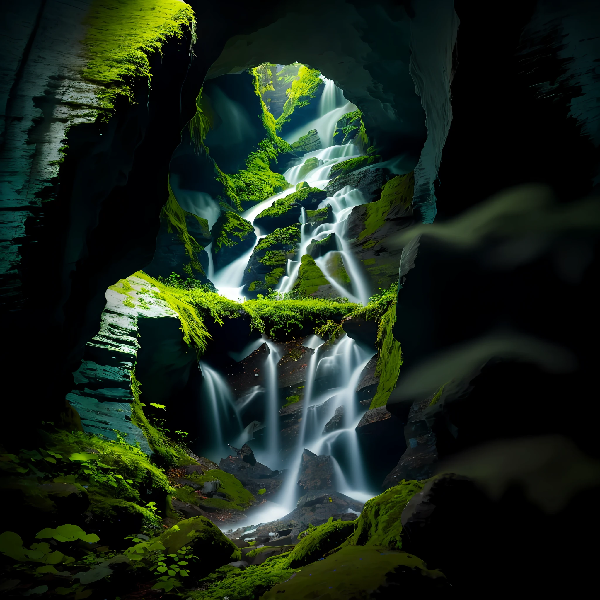 There is a waterfall flowing down the mountain,Overgrown with moss, water art photoshop, surreal water art, photoshop water art, water art manipulation, enigmatic natural beauty, amazing water art, peaceful beautiful waterfall, alien waterfall, absolutely outstanding image, nature art, with waterfalls, floating waterfalls, multiple waterfalls, environmental artwork, enviromentart, water manipulation photoshop, beautiful nature