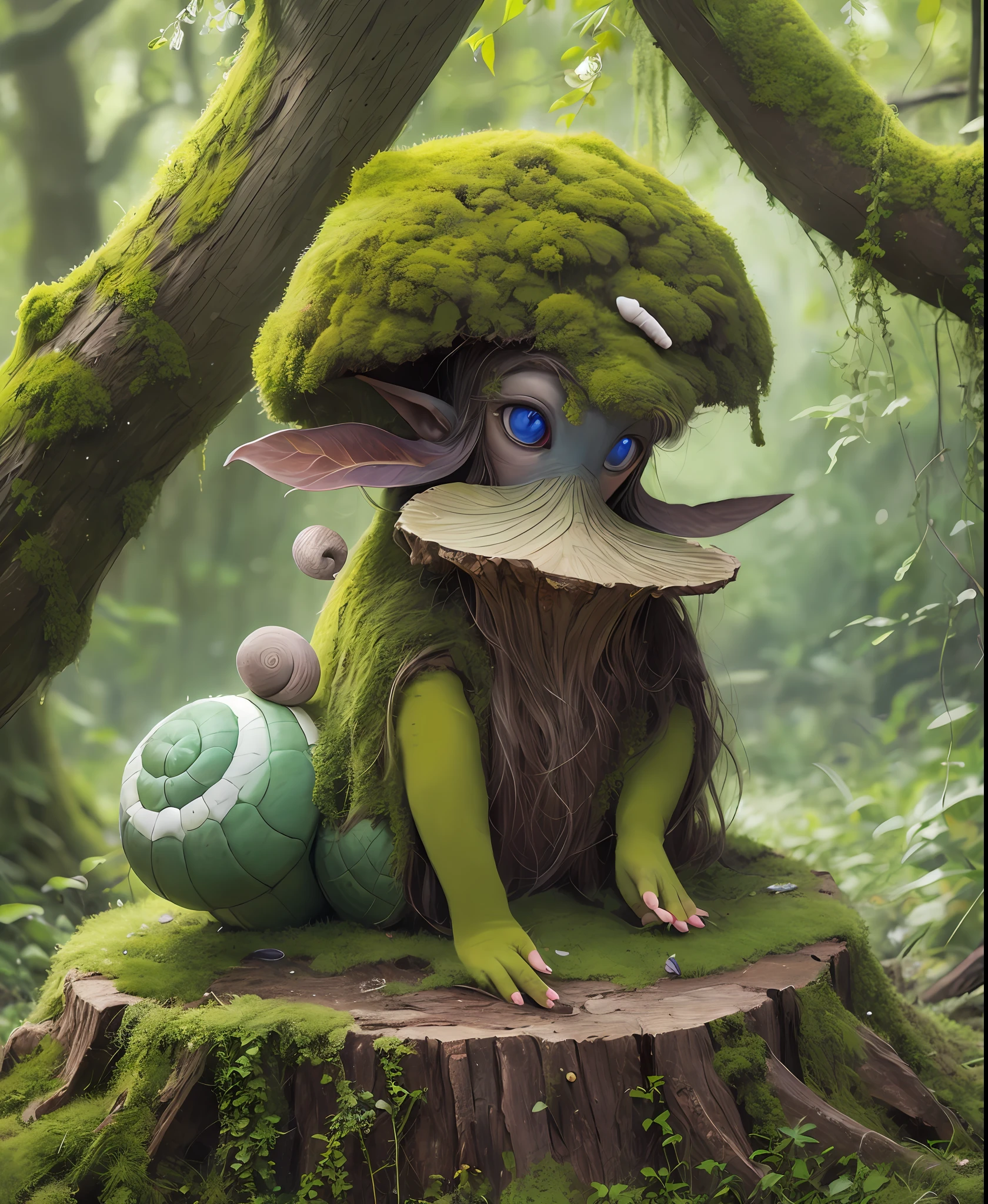 A beautiful  mossy plantpunk Elf with a mossy snail on its head sitting on a stump, in the style of i can't believe how beautiful this is, pop culture mashup, plantpunk aesthetics, emmy bridgwater, associated press photo, natural professional photography, Sony fx6 digital camera, atmospheric, highly detailed, UHD, both eyes the same, masterpiece, high resolution, ultra quality, 16K,, matte, model pose ,Patrick Lichfield, rule of thirds