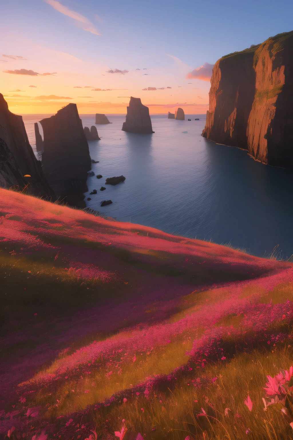 Ultra high resolution, 8K, nature, detailed lighting, sea of flowers, sky, sunset, breeze, fallen leaves, cliffs,