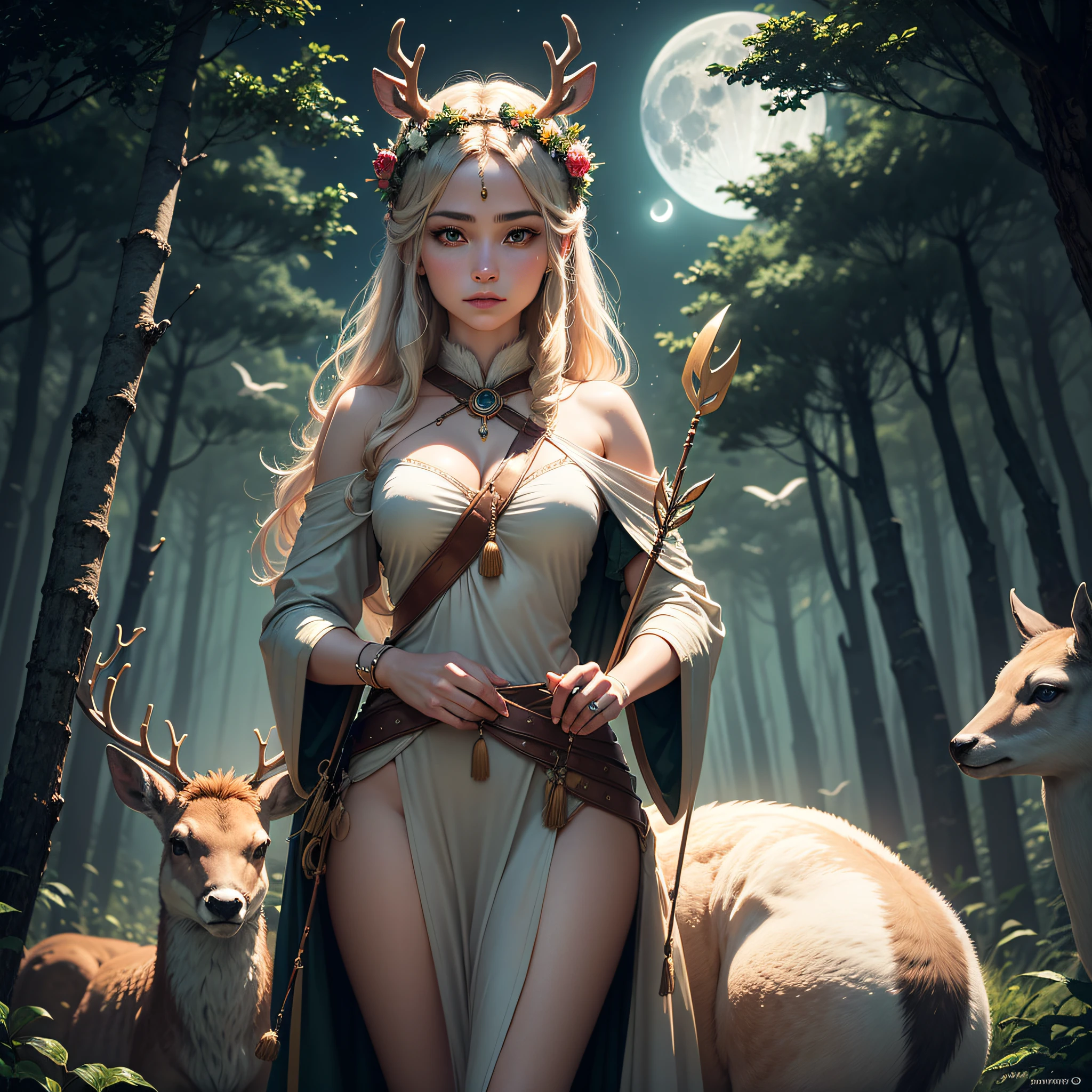 A wild and mystical image of Artemis, The goddess of the hunt and the moon, em meio a uma floresta densa e iluminada pela luz prateada da lua. She is accompanied by a group of deer, symbols of their connection to nature and animals. Your bow and arrows are ready to protect wildlife.