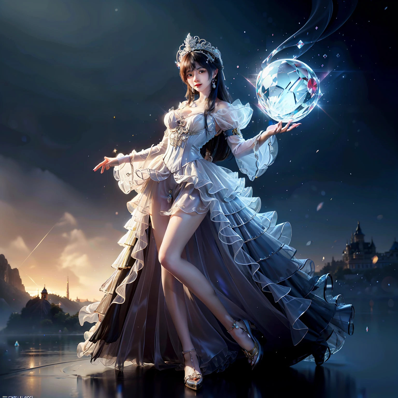 a day of the dead goddess wearing a majestic crystal and gold ball gown dress with rhinestones, filigree and tulle skirt, big beautiful dress, intricate puffy ball gown with lots of ruffles and rhinestones (Masterpiece, Top Quality, Best Quality, Official Art, Beautiful and Aesthetic: 1.2), (rococo) , Victorian), (1 Flower), Full Body, Extremely Detailed, (Fractal Art: 1.3), Colorful, Most Detailed