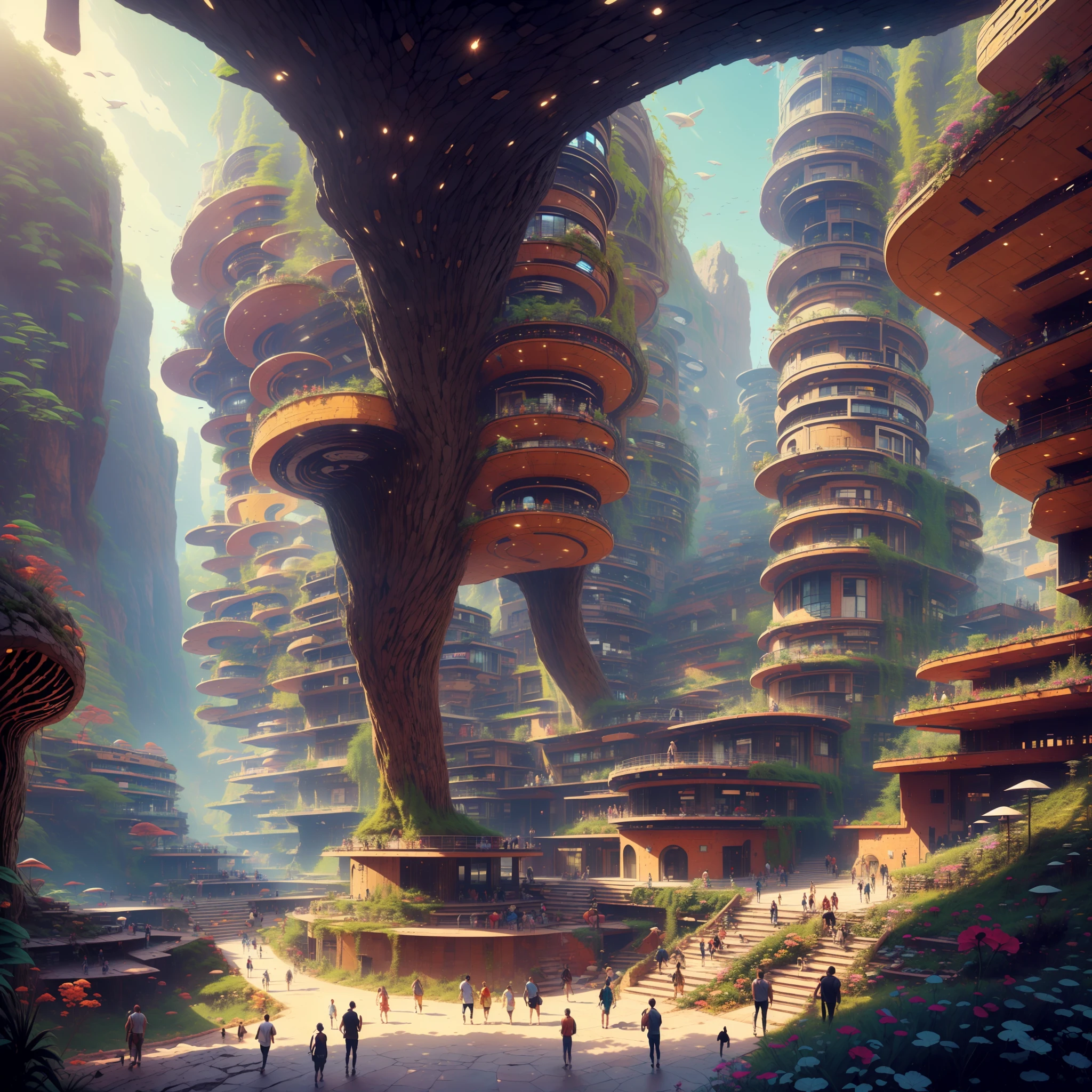 an awesome sunny cheerful day environment concept art of Futuristic design of cave architecture interiors concept art on grand Canyon caves nature architecture, proportional,detailed, cave architecture nature meets futuristic architecture on a rainforest jungle cliff with huge waterfalls,Crepuscular rays, nature meets modern architecture in the style of Aries Moross, Rem Koolhaas,Daniel Libeskind, Jean Nouvel, Paolo Soleri,Toyo Ito and Philip Johnson with Dry brush drawing style ,Chiaroscuro village,cliff side residential area, mixed development,nature architecture,bright colors,high rise made up staircases, balconies, full of glass facades,carved from rocks, masterpiece, proportional, detailed, trending on artstation, beautiful lighting, realistic, intricate