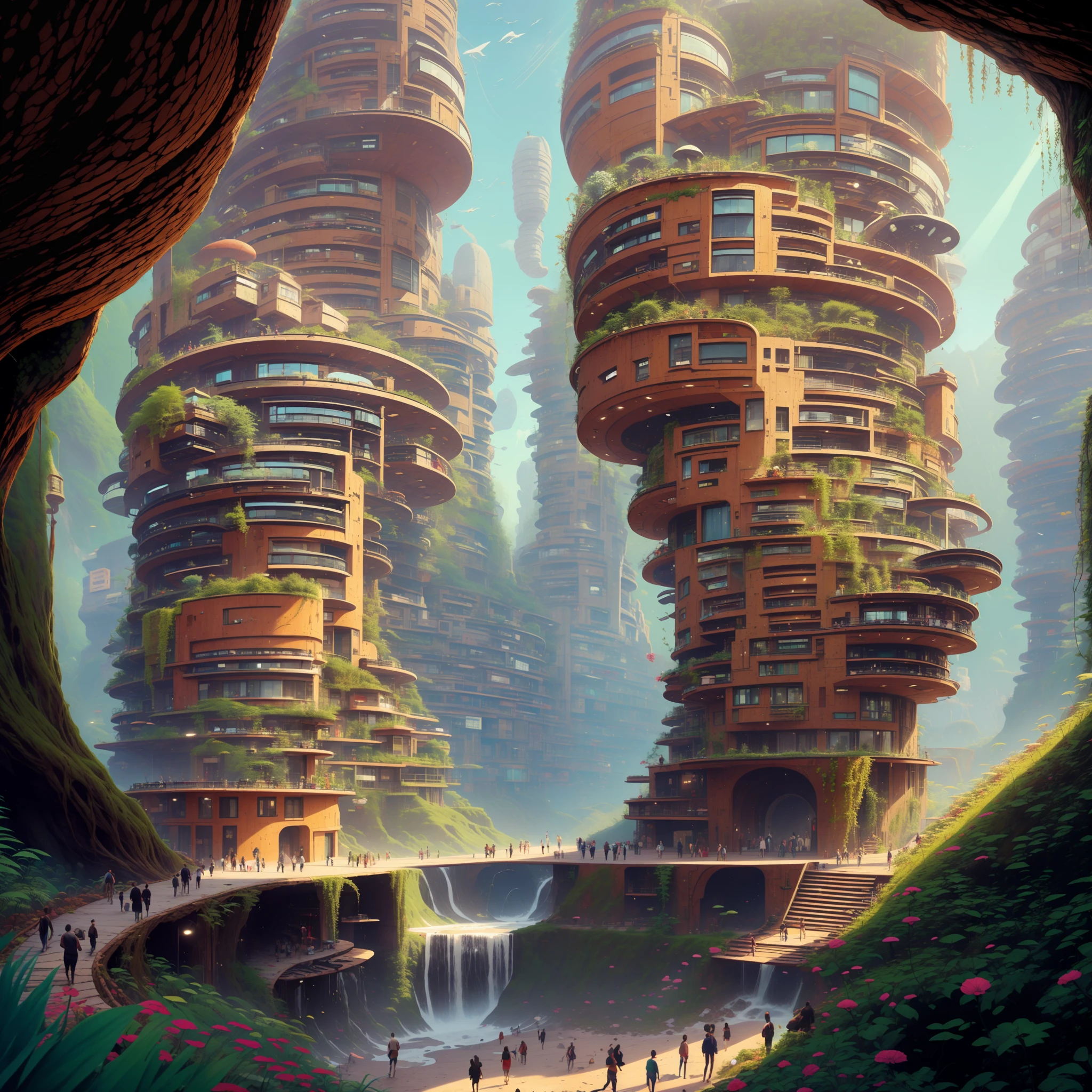 an awesome sunny cheerful day environment concept art of Futuristic design of cave architecture interiors concept art on grand Canyon caves nature architecture, proportional,detailed, cave architecture nature meets futuristic architecture on a rainforest jungle cliff with huge waterfalls,Crepuscular rays, nature meets modern architecture in the style of Aries Moross, Rem Koolhaas,Daniel Libeskind, Jean Nouvel, Paolo Soleri,Toyo Ito and Philip Johnson with Dry brush drawing style ,Chiaroscuro village,cliff side residential area, mixed development,nature architecture,bright colors,high rise made up staircases, balconies, full of glass facades,carved from rocks, masterpiece, proportional, detailed, trending on artstation, beautiful lighting, realistic, intricate