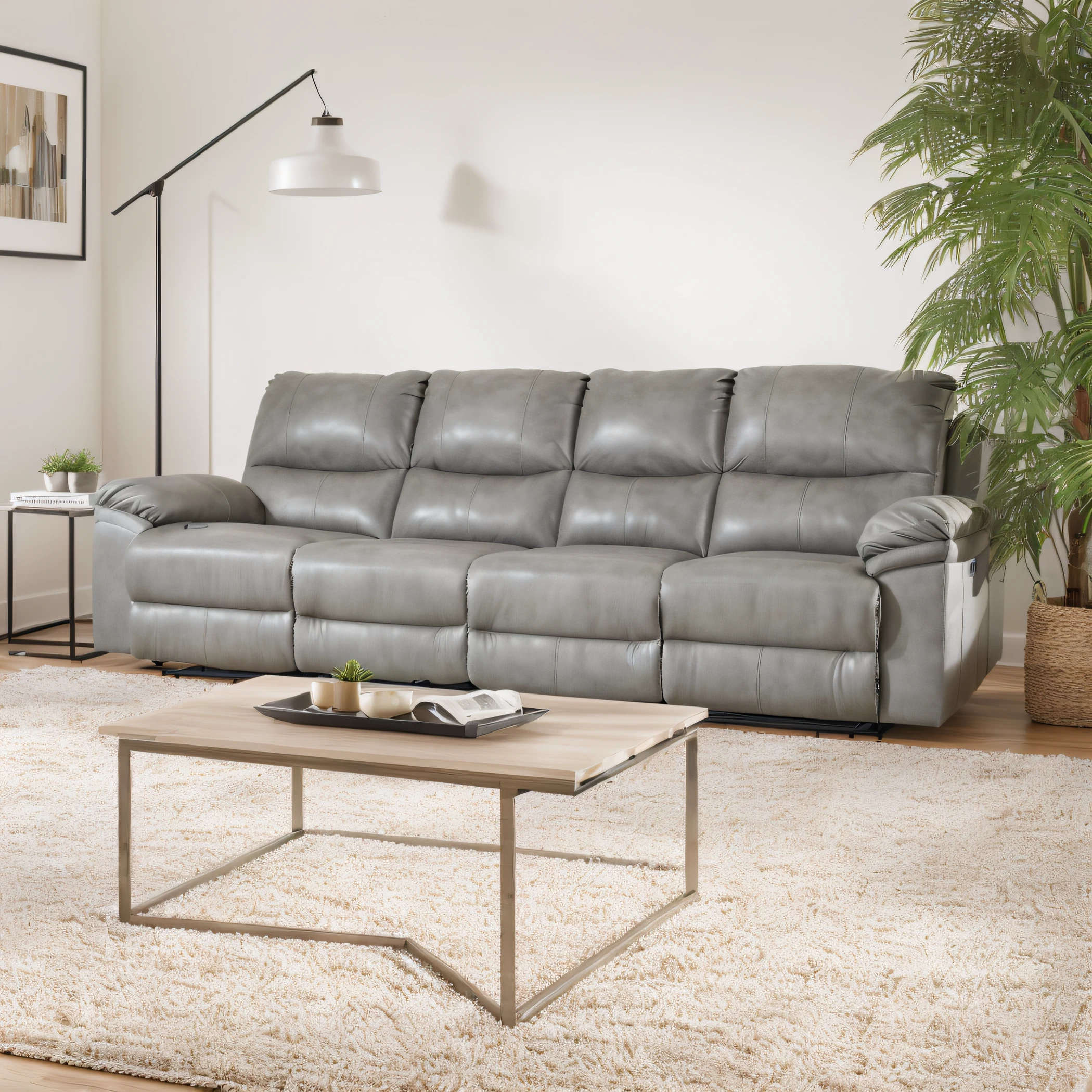 Aalfed sofa and a table in the living room,There are plants inside, top angle view, relaxing on a modern couch, placed in a large living room, scenic full shot, right angled view, high resolution product photo, A leather sofa, detailed zoom photo, angled view, A leather sofa, extreme view angle, hero shot, lounge furniture, detail shots,Accurate light and shadow,Correct perspective