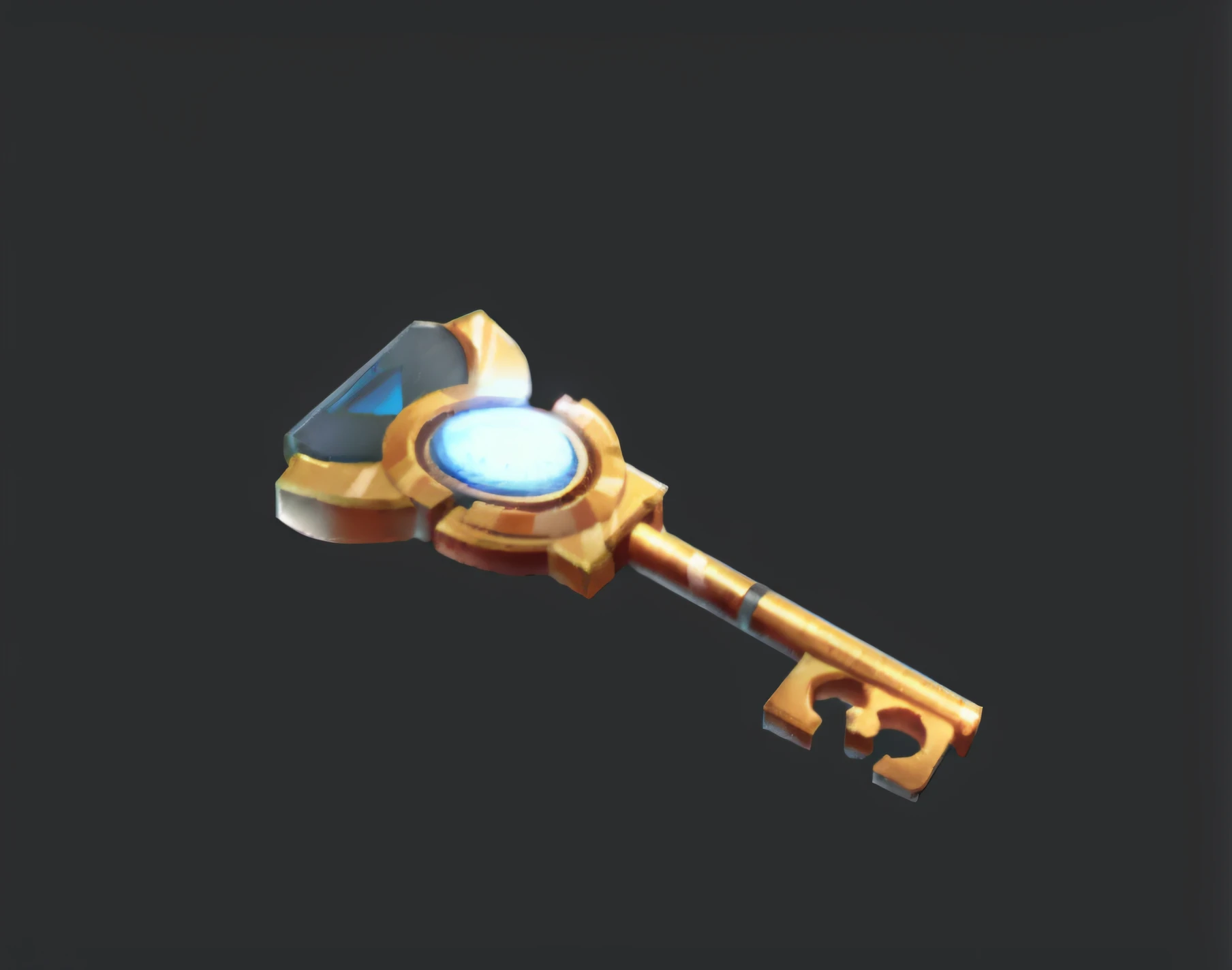 There is a golden key，There is a blue stone on it, golden key, treasure artifact, legendary item, key is on the center, Mecha mechanical wind，style of league of legends