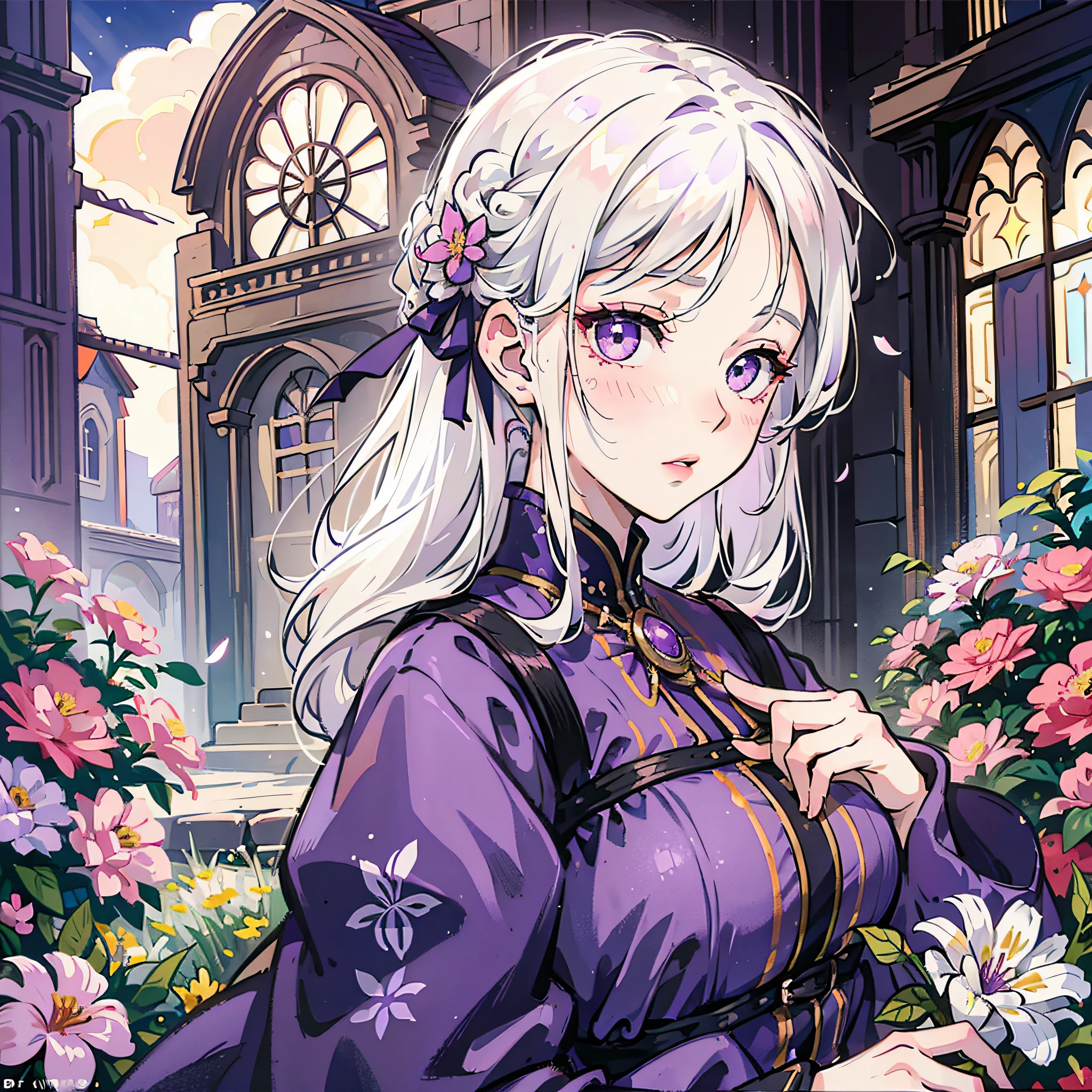 realistic, 1girl, white hair, purple eyes, bright eyes, medieval dress, lips half-open, blush, night, flowers, sun, sunlight, --auto --s2