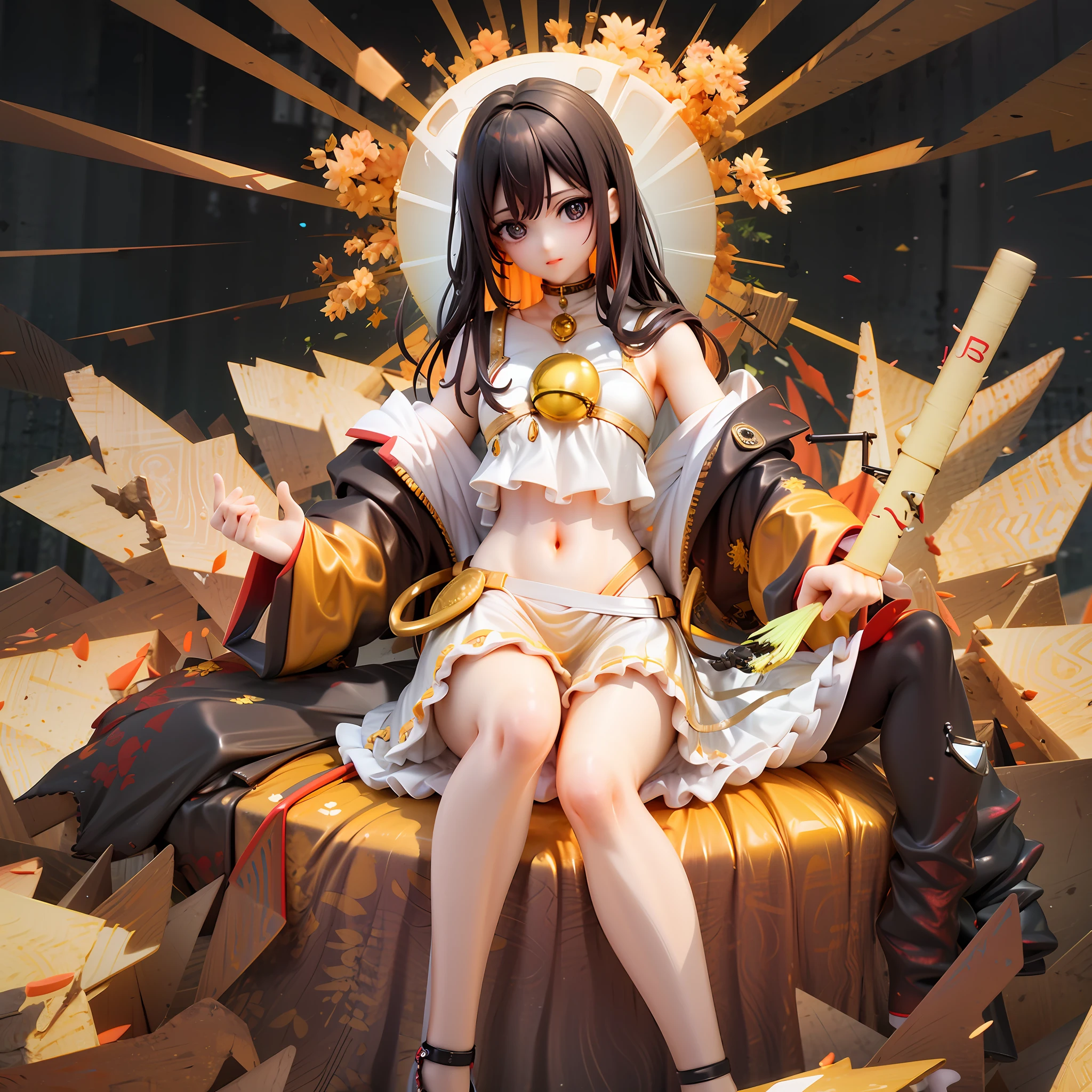 girls、A black、gold、White Skin Skin、Brown-haired、Longhaire(Orange inner color)、White sleeveless top with a lot of exposure、Golden pendant、Navel Ejection、Large golden and black jacket、Revealing white miniskirt、facefront、sitting on、Black background、Go White Sphere、Golden Light、light ray、Glittering background、Golden Rock Ground、Golden plant