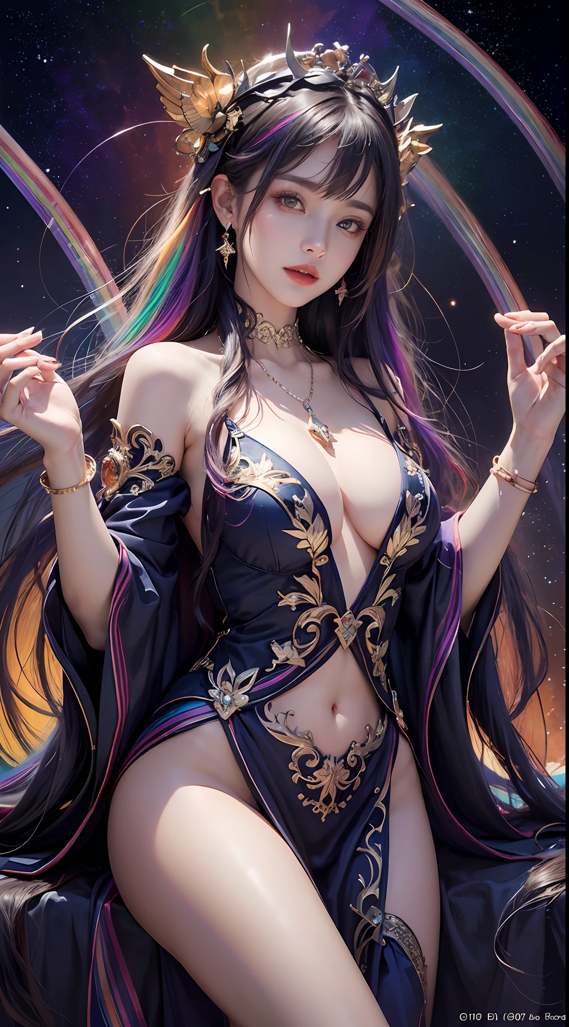 1 27-year-old girl, 1 zodiac goddess from the future, 12 zodiac goddess pink purple, 12 zodiac goddess face sexy thin yellow nightgown, long thin nightgown 12 zodiac many limbs sexy black lace detail, mythical goddess of the 12 zodiacs from the future, zodiac ♏, luxury sparkling zodiac style, dark and mysterious version, zodiac crown, lipstick red lips, thin and pretty lips, don't smile, Keep your mouth shut, characters created by karol bak and pino daeni, intrincadamente detalhado, 细致背景, Extremely detailed, Light magic, A woman, Clear face, looking at the upper body of the goddess of the zodiac, Round breasts, Big and round breasts, phoenix hair brooch, Long hair with bangs, (Long hair has 7 colors like rainbow:1.9), beautiful detailed face and well-proportioned eyes, (transparent yellow eyes: 1.8), big round eyes and very beautiful and detailed makeup, visionary, long silk nightgown, Mysterious makeup, bangle, side bangs and dye pale yellow, Upper body, (goddess of the zodiac upper body: 1.8), drooping arms, Realistic and vivid photo, (stars that make up the zodiac: 1.7), ( sky zodiac and fictitious space and time portal: 1.8), fiction art, OriginalPhoto, Hanfu photo, best photos , High_Nothing, Best quality, best photos, 8K quality, 8K Ultra , surrealism, the most economical real photo, artistic portrait of 12 zodiac signs, 1 symbol of 12 zodiac signs behind, single portrait of 12 zodiac goddess, Most realistic color scheme, best photo color, 巨作, hair ornament, necklace, Jewelry, Beautiful face, Upper body, Tyndall effect, photo realistic, Dark Studio, Border light, two tone light, (Detailed skins) High: 1.2), 8K UHD, Digital SLR, Soft light, High quality, volumettic light, candid, photo, High resolution, 4K quality, 8K, Bokeh, Smooth and sharp, pixel up 10 times, Charming zodiac goddess, sexy zodiac goddess, (background space: 1.8), (the Milky Way: 1.7), aurora, Lightning, (Auroral Background: 1.8) <lora:locon_perfecteyes_V1_From_V1_, beautiful goddess and flow
