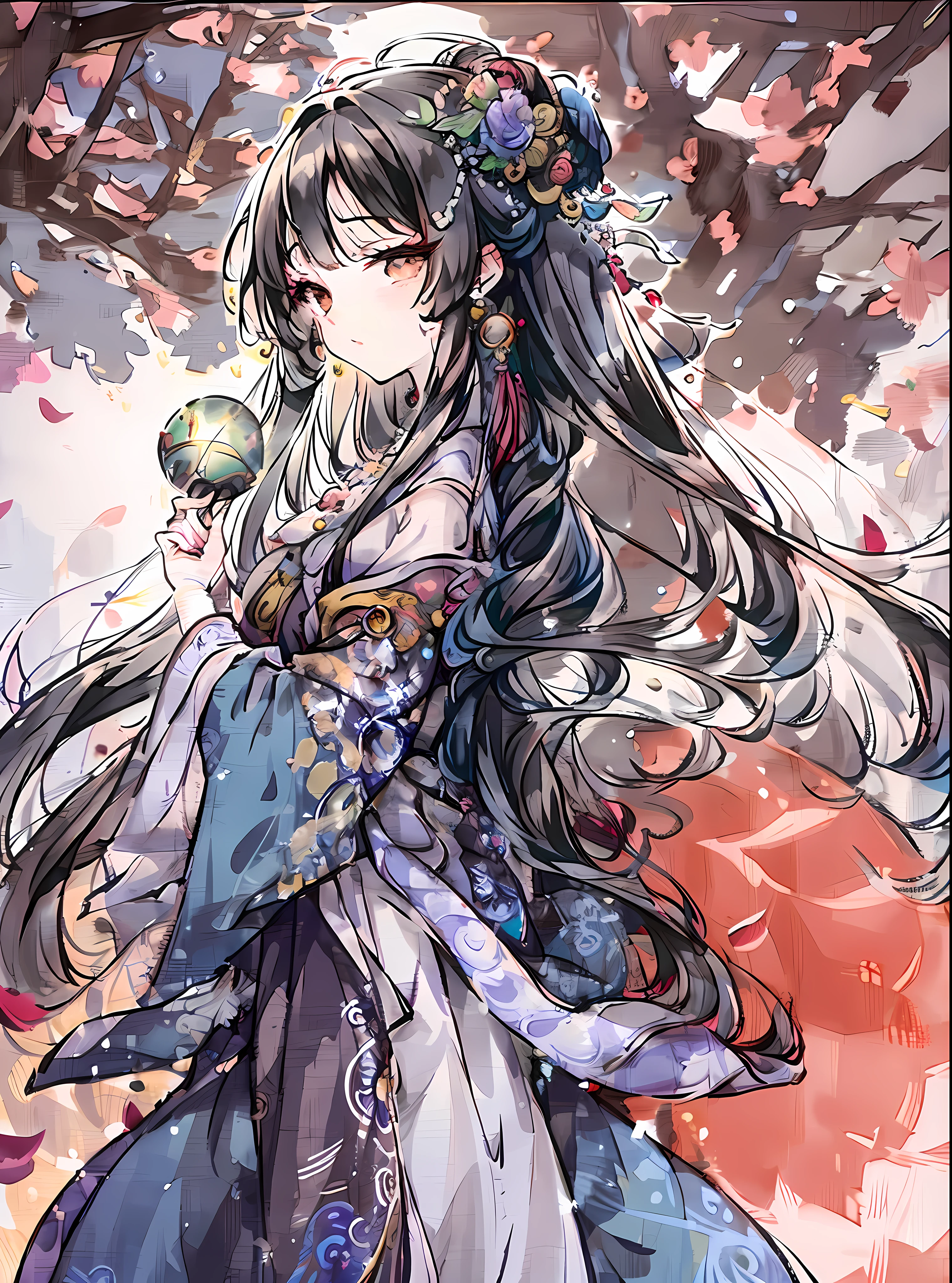 (Visual Prompt)) A woman in a magical and enchanting environment, surrounded by exotic flowers and lush trees.
She is dressed in a long, flowing dress with vibrant colors and intricate patterns.
Seus cabelos ondulados caem suavemente sobre seus ombros, adornado com flores delicadas.
The soft light of the sun passes through the leaves of the trees, criando um jogo de sombras e luzes em seu rosto sereno. She holds a glowing orb in her hands as she gazes at the distant horizon, where a majestic castle looms against the sunset sky.