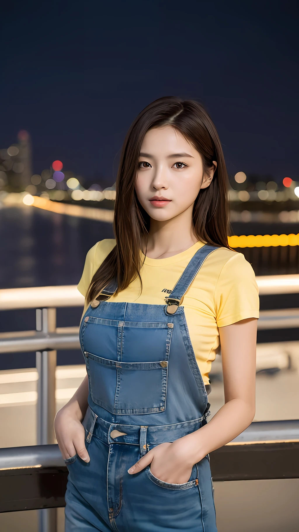 ((midnight, need, 8K, nmasterpiece:1.3)), Whole human body, Long legs, Focalors:1.2, perfect figure beautiful woman:1.4, Slim abs:1.1, ((Dark brown hair, Large big tits:1.2 )), (Yellow skinny T-shirt, Denim suspenders, to stand:1.2), ((city night scene, On the bridge:1.3)), Highly detailed facial and skin texture, detailed eye, 双眼皮（（（Put your hands in your pockets or hold them above your head）））