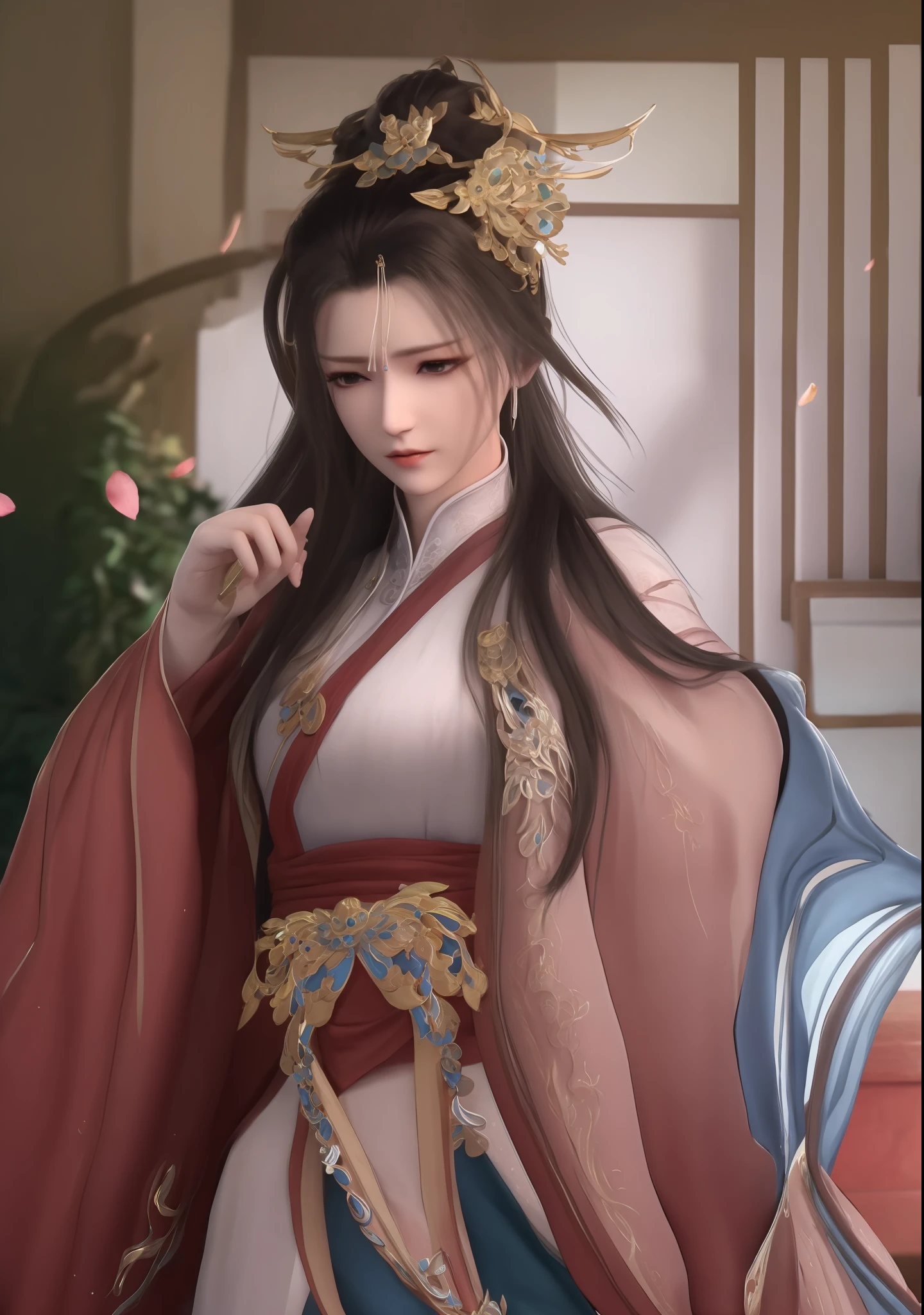 best quality, masterpiece, highres, (exquisite body:1.5),gorgeous face,(milky skin:1.3),intricate details,high resolution,wallpaper,
1girl, solo, dress, hair ornament, (((gold and red dress))), flowers, long hair, brown hair, closed mouth, jewelry, long sleeves, hand up, wide sleeves, big eyes,floating hair, chinese clothes, hanfu, embroidery, long skirt, natural pose, falling petals, indoor,fanning, lantern,
16K,HDR,highres,depth field,(film grain:1.1),boken,golden hour,(lens flare),vignette,rainbowing,(color grading:1.5)