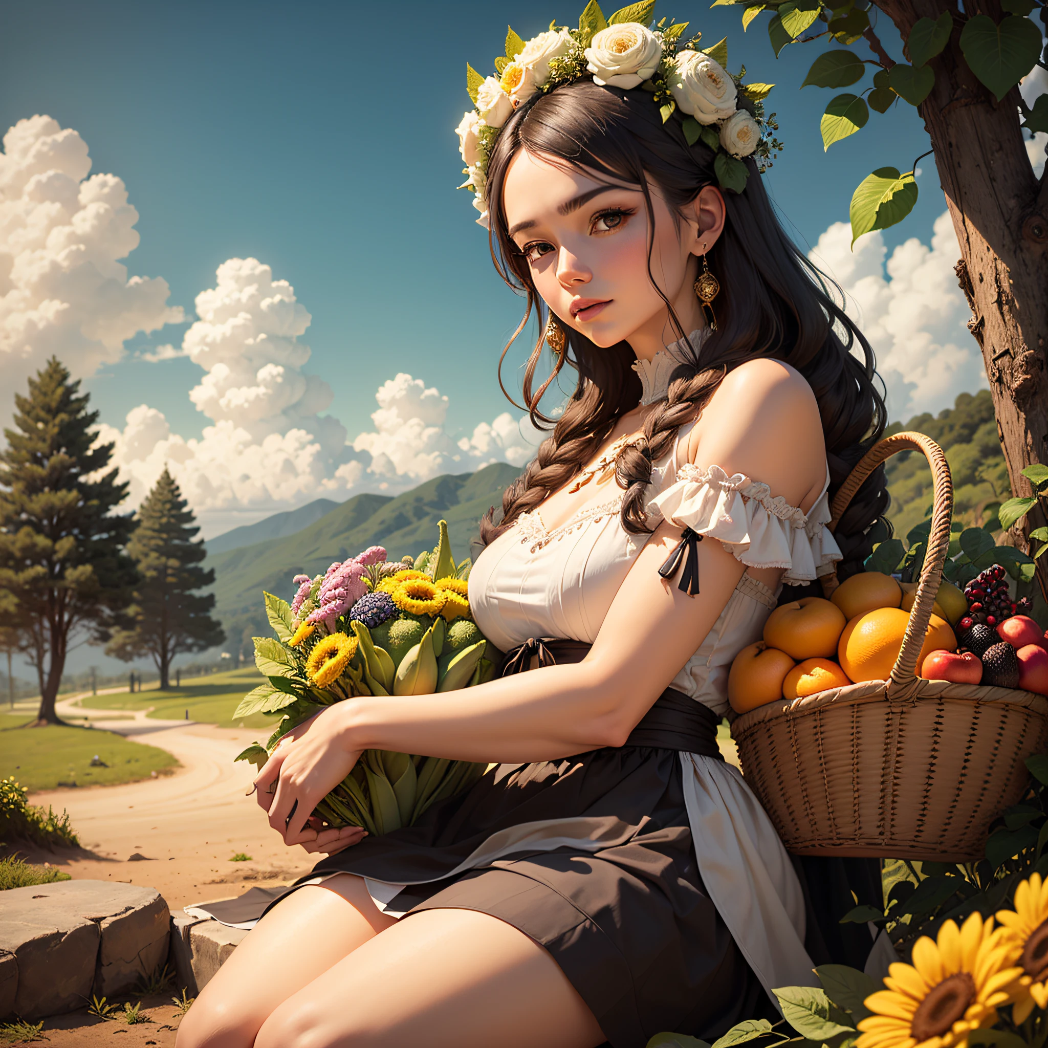 A serene and fertile image of Demeter, a deusa da colheita e da agricultura, em um campo de trigo dourado. She's holding a sickle and a cornucopia overflowing with fruits and vegetables. Flores e borboletas adornam seu cabelo, symbolizing the renewal and fertility of the earth.