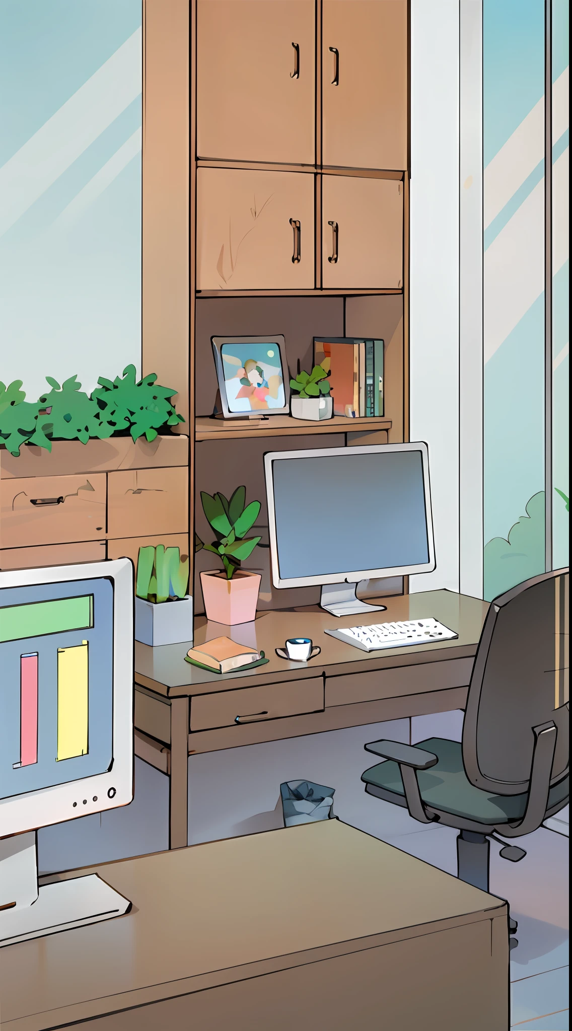 cartoon of a desk with a computer and a monitor in a room, cozy home background, Detailed 2D illustration, interior background art, Anime background art, Realistic rays,office backdrop, corner office background,Epic composition,(Complicated details),(Complex design,ultra detaile:1.2),art stations, (nmasterpiece,最佳质量),ultra high def,32K --v 6