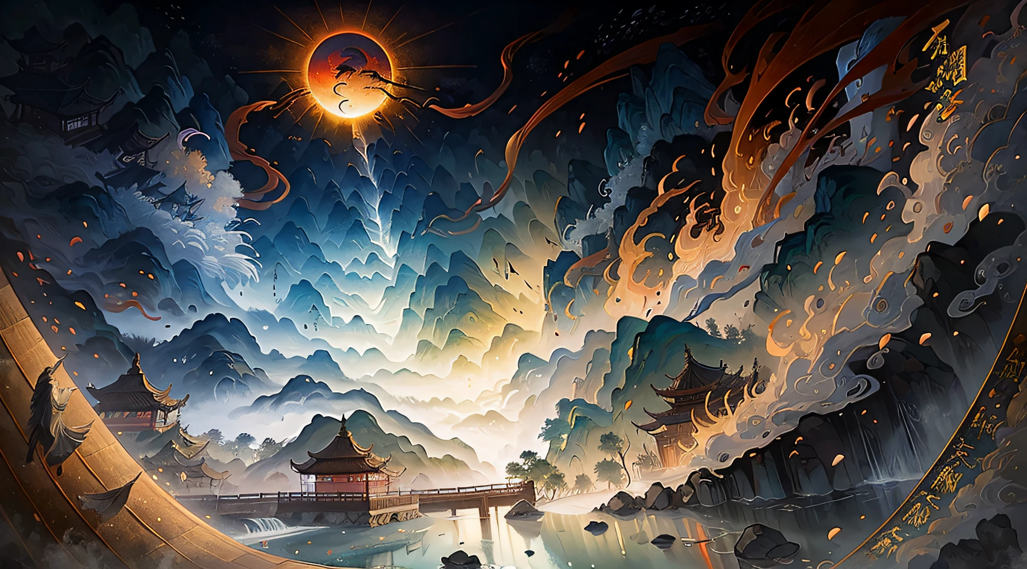 An ancient Chinese painting, ancient Chinese background, mountains, rivers, auspicious clouds, pavilions, sunshine, masterpieces, super detail, epic composition, ultra HD, high quality, extremely detailed, official art, unified 8k wallpaper, Super detail, 32k -- v 6
