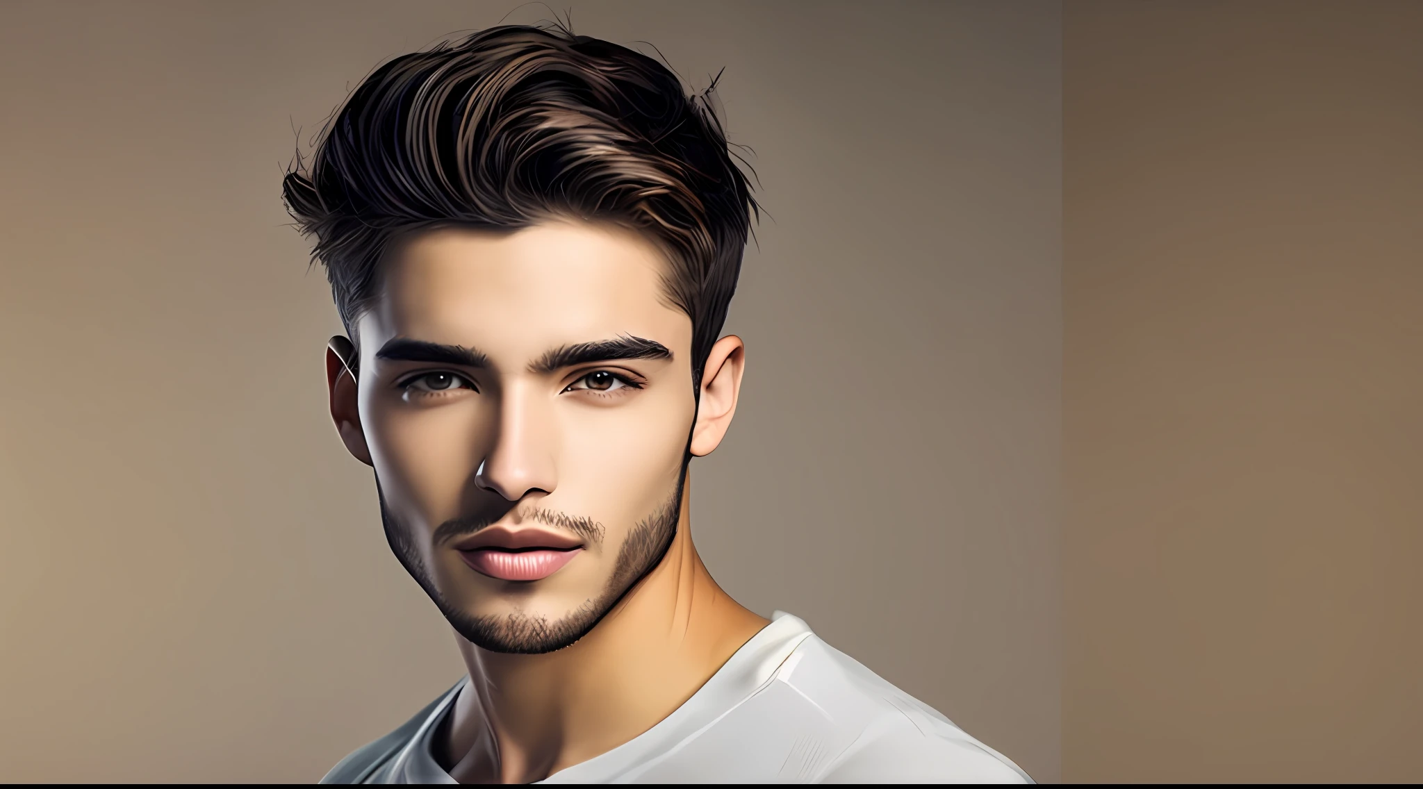 Handsome young man, cool, face zoom, frontal vision, serious expression, short hair and no beard, casual clothing, fit on page