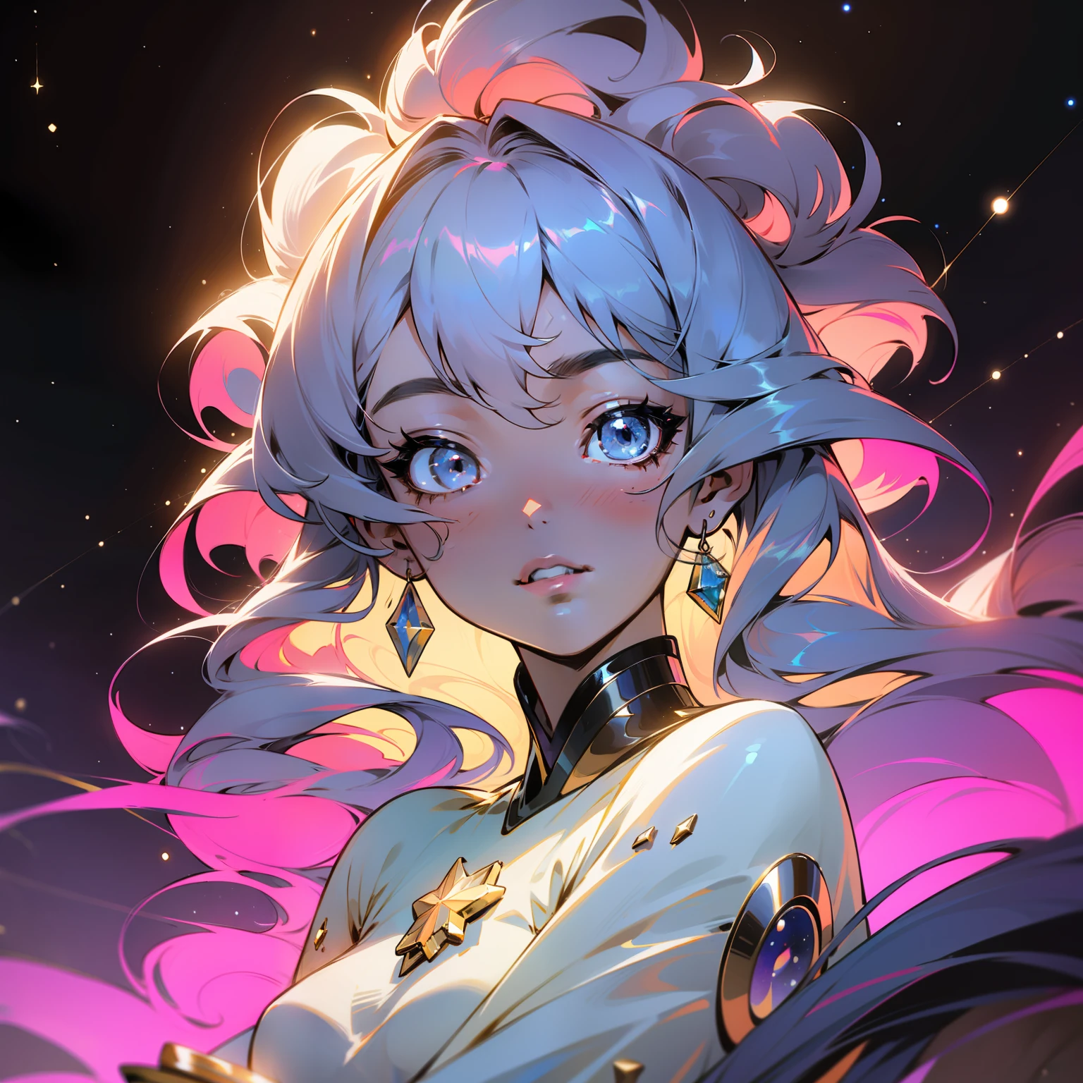 The girl is a true celestial work of art. Seus olhos, grandes e expressivos, have the purity of galaxies in their brightness. They are like deep pits of twinkling stars, onde se pode perder nas infinitas profundezas do universo. Their irises are an intense shade of blue, lembrando o brilho de uma nebulosa distante.
Her hair is magnificent curls that unfold gracefully around her head. They have a luxurious texture and are as dark as the deepest night, contrastando maravilhosamente com a sua pele morena. Os cachos emolduram delicadamente o rosto da menina, highlighting her soft features and serene aura.
Her brown skin is like ebony polished by starlight. It radiates a natural and healthy beauty, com um brilho suave que parece emanar de dentro. Her complexion is warm and radiant, revealing your harmonious connection with the sun and nature.
A menina veste roupas leves e fluidas, Like a silk dress in shades of cosmic blue or a jumpsuit with constellation prints. His style reflects the magic and mystery of the universe, com detalhes delicados que lembram estrelas cadentes ou luas crescentes.
Em seu olhar tranquilo, It is possible to feel the wisdom of the universe and the serenity of those who understand the profound beauty that resides in the cosmos. She is a sensitive and curious soul, Always seeking the connection with the infinite and with the wonder that exists beyond the limits of the everyday world.
This galactic-eyed girl, cabelos cacheados e pele morena personifica a delicadeza, Curiosity and connection with the universe. It is a constant reminder of the cosmic beauty that exists within each of us, and his presence illuminates the world with a heavenly aura.