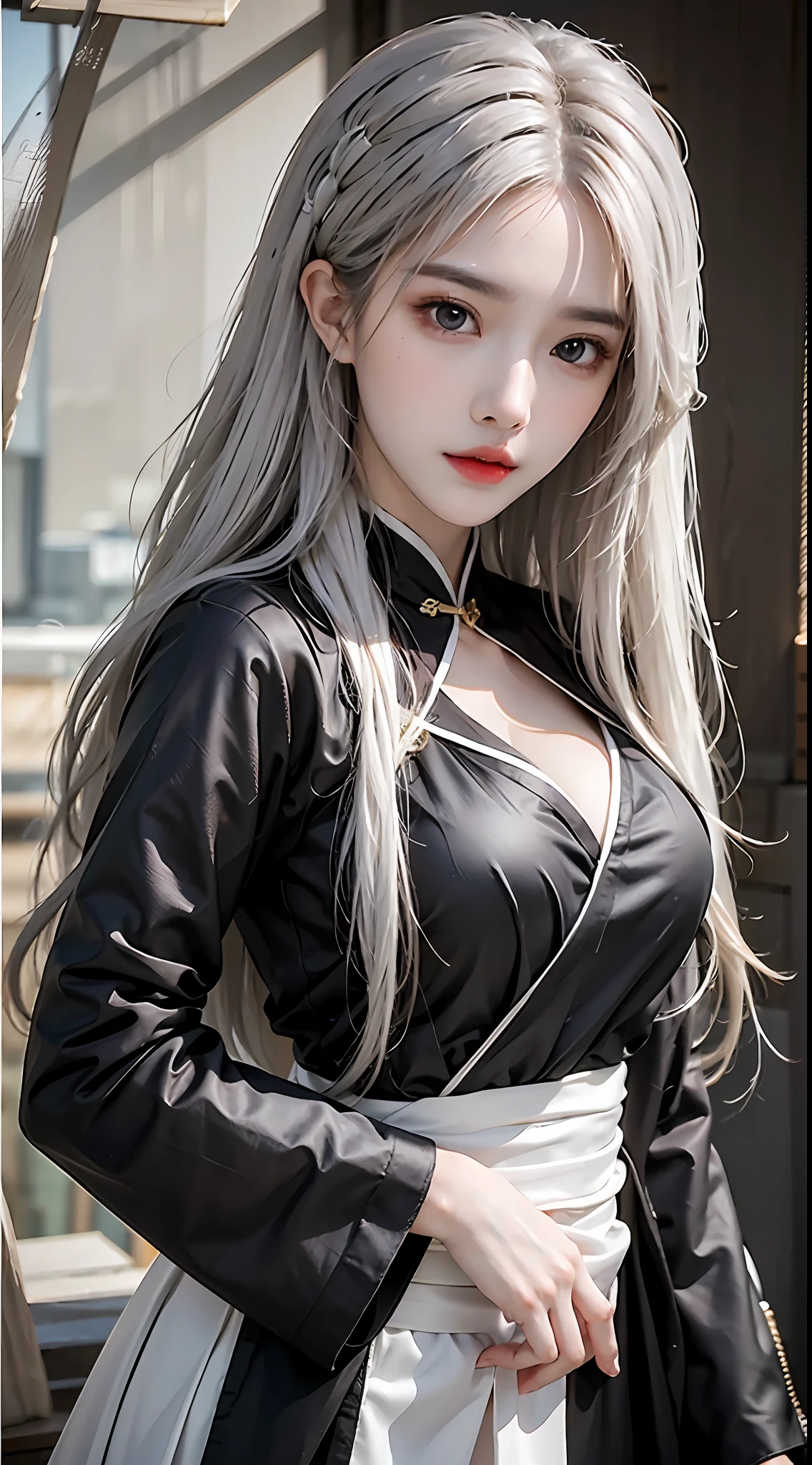 photorealistic, high resolution, 1 girl, white long hair, beautiful eyes, normal breast, chinese traditional clothes, black clothes