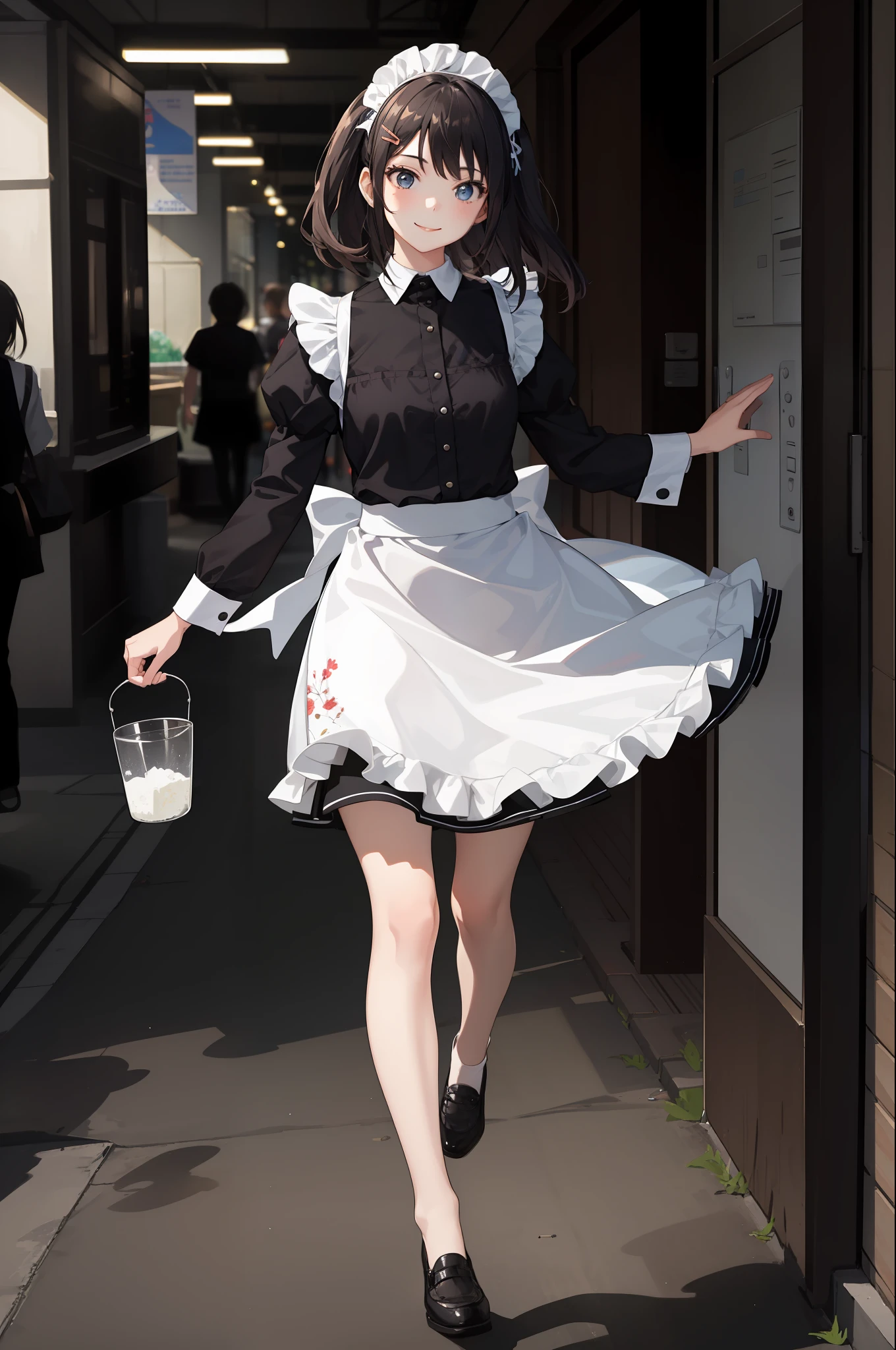 1 girl, smiling, skirt, (small) chillerism, dress, apron,,,,,,、 maid,,,,,,,,、 hair ornament, running briskly,