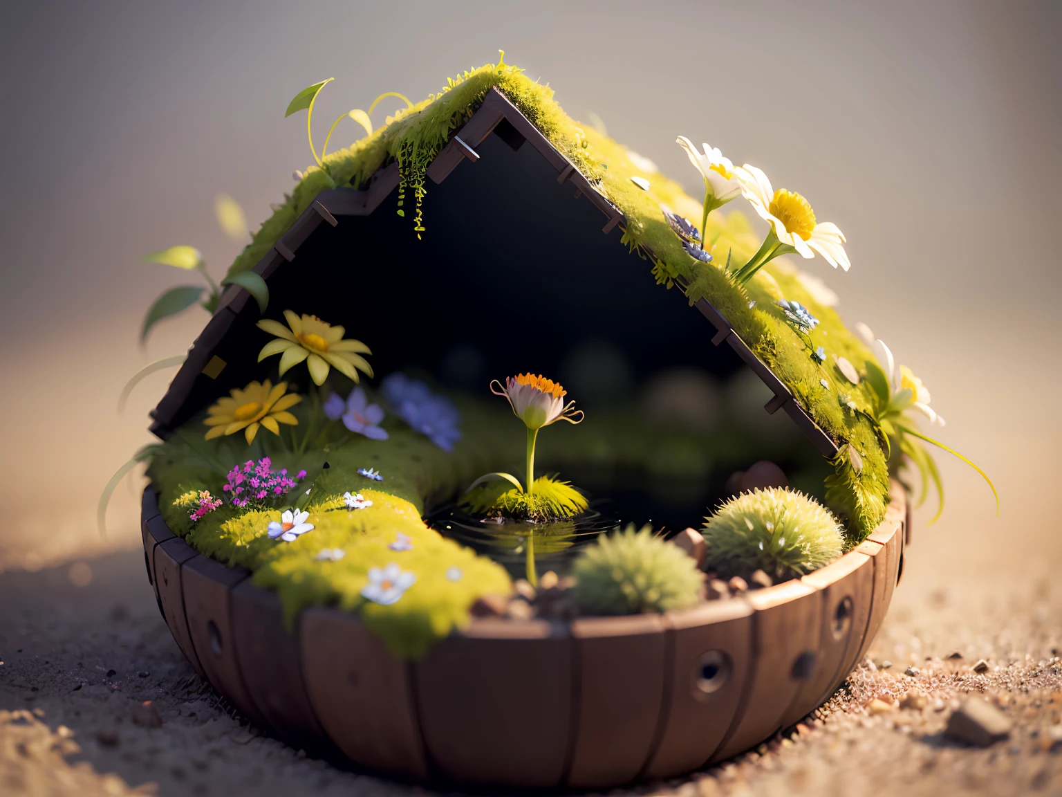 Amidst a bed of moss, a delicate wildflower pushes through, defying the odds and embracing its moment in the spotlight. Its petite petals, kissed by sunlight, epitomize resilience, reminding us that beauty can flourish even in the most unexpected places,Superb lighting,volumetr,by Jon Klassen,In Studio Ghibli style,Tilt - shift,80mm lens,Large aperture,3D,Blander,nmasterpiece,super detaill,最佳质量, --v6