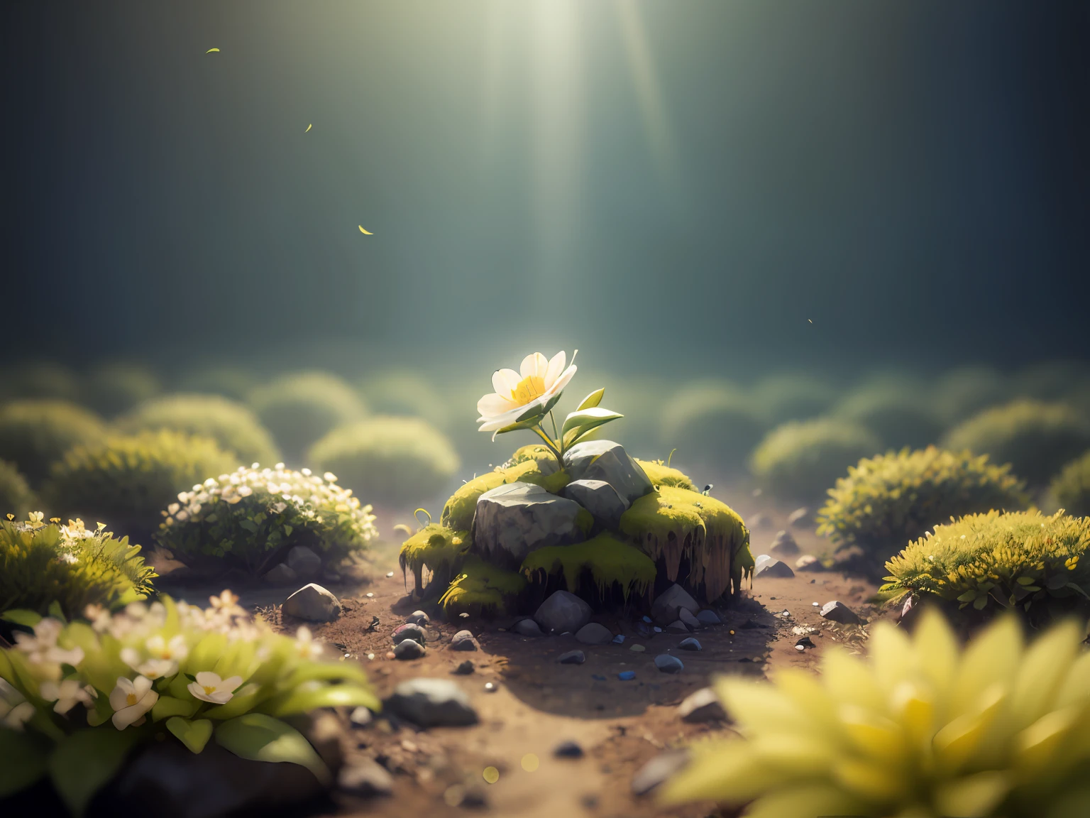 Amidst a bed of moss, a delicate wildflower pushes through, defying the odds and embracing its moment in the spotlight. Its petite petals, kissed by sunlight, epitomize resilience, reminding us that beauty can flourish even in the most unexpected places，Superb lighting，volumetr，by Jon Klassen，In Studio Ghibli style，Tilt - shift，80mm lens，Large aperture，3D，Blander，nmasterpiece，super detaill，最佳质量， --v6
