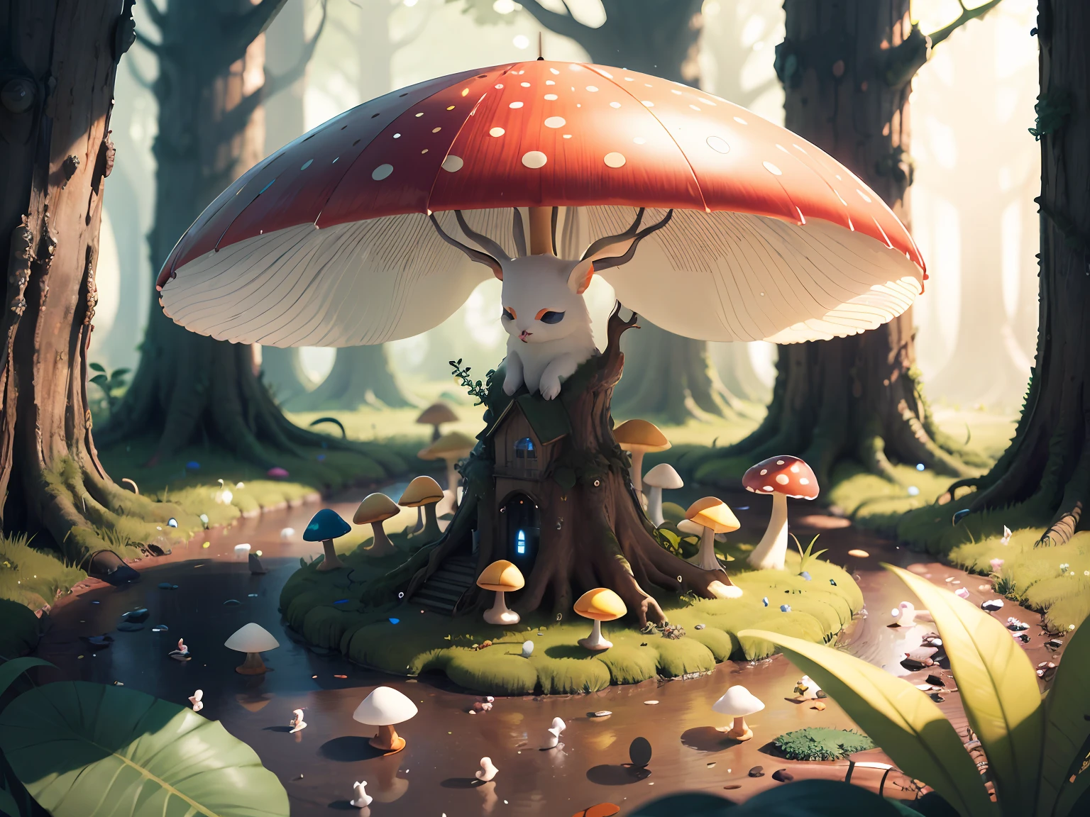 A cluster of rain-soaked mushrooms emerges from the forest floor, their umbrella-like caps a refuge for tiny woodland creatures seeking shelter from the drizzle. This enchanting scene whispers of hidden realms and beckons us to explore the mysteries of nature,Superb lighting,volumetr,by Jon Klassen,In Studio Ghibli style,Tilt - shift,80mm lens,Large aperture,3D,Blander,nmasterpiece,super detaill,最佳质量, --v6