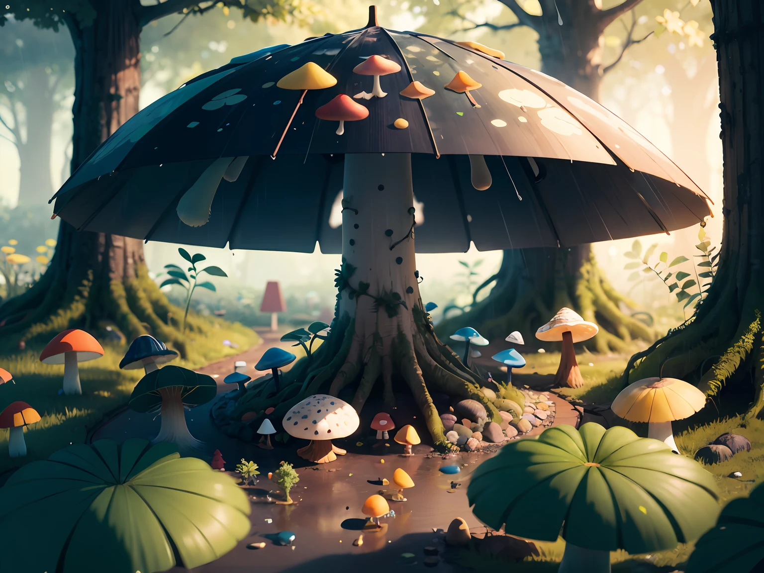 A cluster of rain-soaked mushrooms emerges from the forest floor, their umbrella-like caps a refuge for tiny woodland creatures seeking shelter from the drizzle. This enchanting scene whispers of hidden realms and beckons us to explore the mysteries of nature,Superb lighting,volumetr,by Jon Klassen,In Studio Ghibli style,Tilt - shift,80mm lens,Large aperture,3D,Blander,nmasterpiece,super detaill,最佳质量, --v6