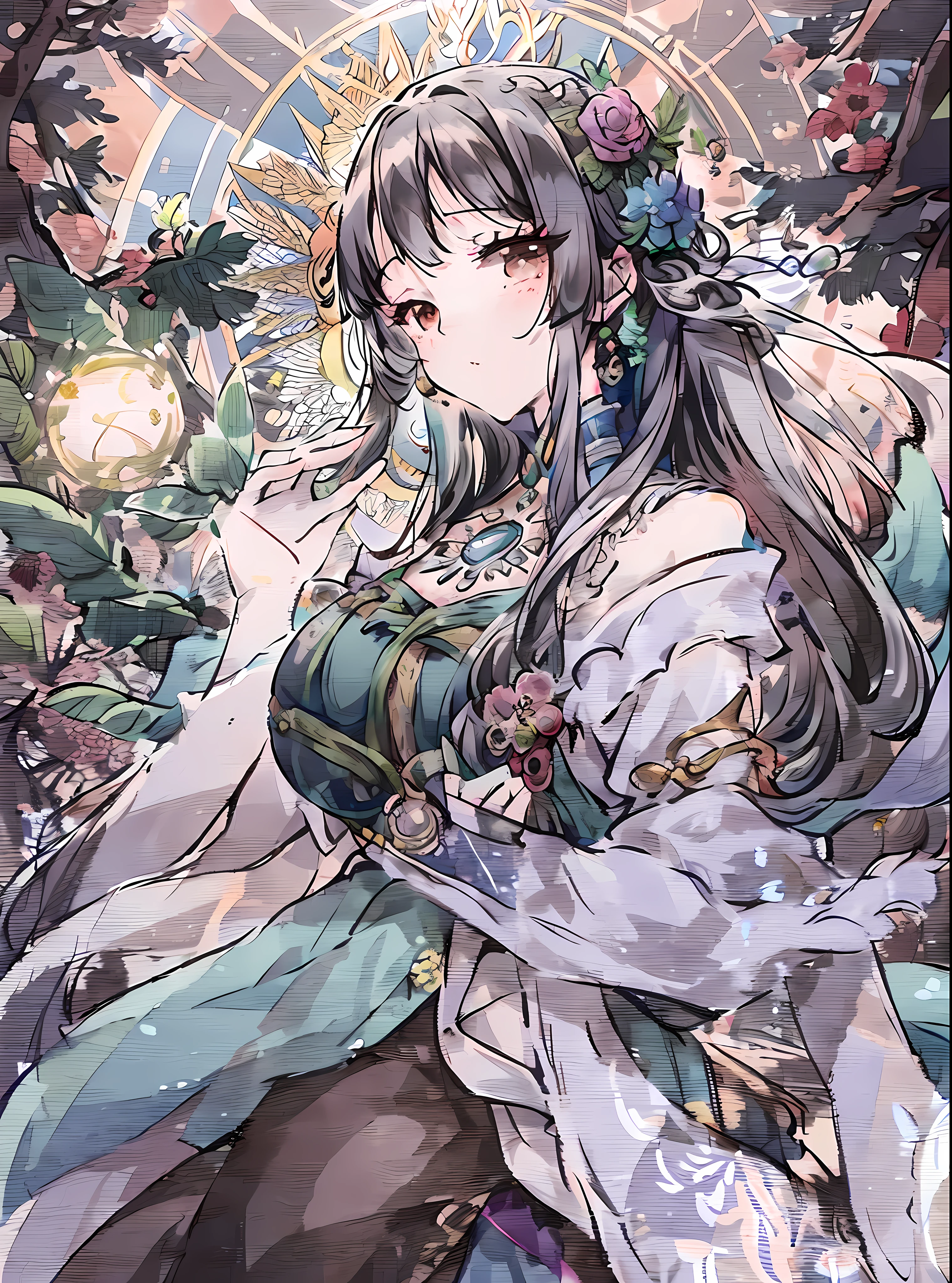 (Visual Prompt)) A woman in a magical and enchanting environment, surrounded by exotic flowers and lush trees.
She is dressed in a long, flowing dress with vibrant colors and intricate patterns.
Seus cabelos ondulados caem suavemente sobre seus ombros, adornado com flores delicadas.
The soft light of the sun passes through the leaves of the trees, criando um jogo de sombras e luzes em seu rosto sereno. She holds a glowing orb in her hands as she gazes at the distant horizon, where a majestic castle looms against the sunset sky.