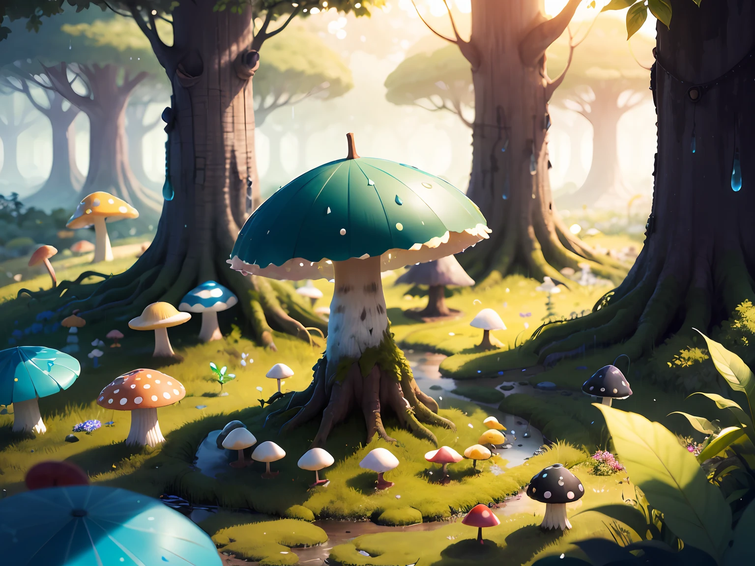 A cluster of rain-soaked mushrooms emerges from the forest floor, their umbrella-like caps a refuge for tiny woodland creatures seeking shelter from the drizzle. This enchanting scene whispers of hidden realms and beckons us to explore the mysteries of nature，Superb lighting，volumetr，by Jon Klassen，In Studio Ghibli style，Tilt - shift，80mm lens，Large aperture，3D，Blander，nmasterpiece，super detaill，最佳质量， --v6