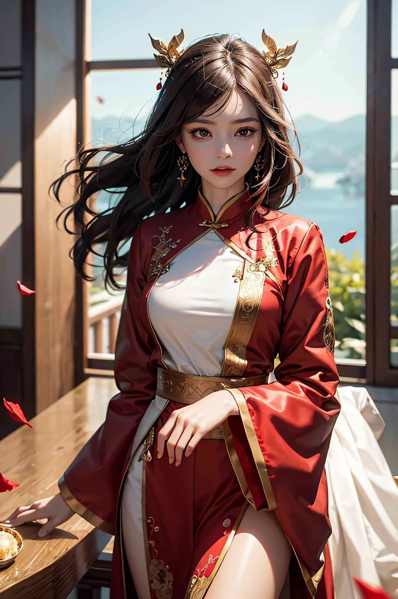 best quality, masterpiece, highres, (exquisite body:1.5),gorgeous face,(milky skin:1.3),intricate details,high resolution,wallpaper,
1girl, solo, dress, hair ornament, (((gold and red dress))), flowers, long hair, brown hair, closed mouth, jewelry, long sleeves, hand up, wide sleeves, big eyes,floating hair, chinese clothes, hanfu, embroidery, long skirt, natural pose, falling petals, indoor,fanning, lantern,
16K,HDR,highres,depth field,(film grain:1.1),boken,golden hour,(lens flare),vignette,rainbowing,(color grading:1.5)