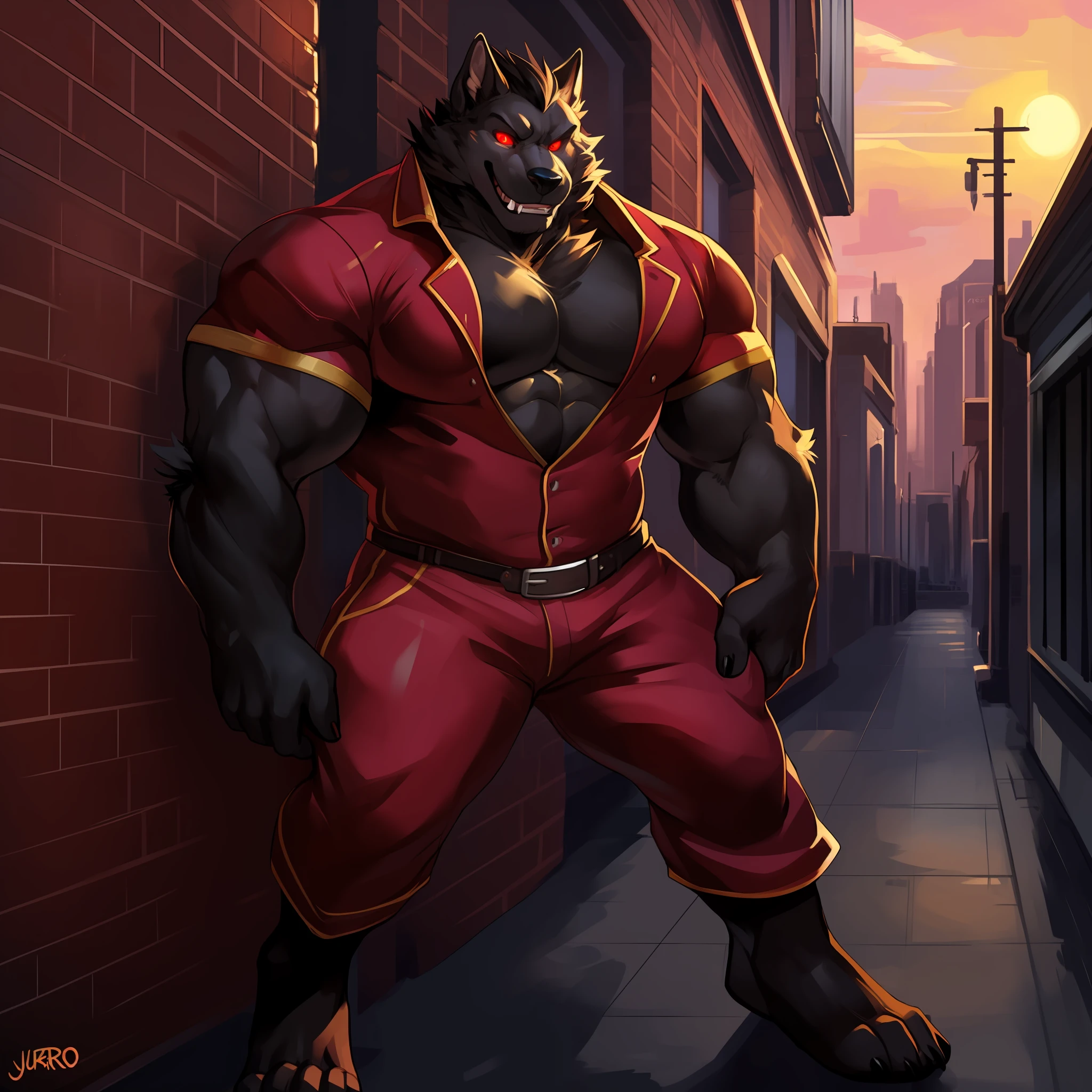 Solo, male, by darkgem, by mystikfox61, by glitter trap boy, by enro the mutt, by juiceps, standing, canine, black fur, red eyes, glowing eyes, muscular, giant, tall, powerful, strong, buff, wide, thick, massive biceps, giant pecs, teeth, fangs, smirking, rape face, evil expression, (((red suit))), black dress pants, alleyway, sunset,