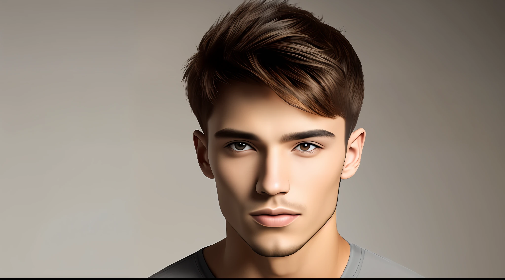 Handsome young man, cool, face zoom, frontal vision, serious expression, short hair and no beard, casual clothing, fit on page