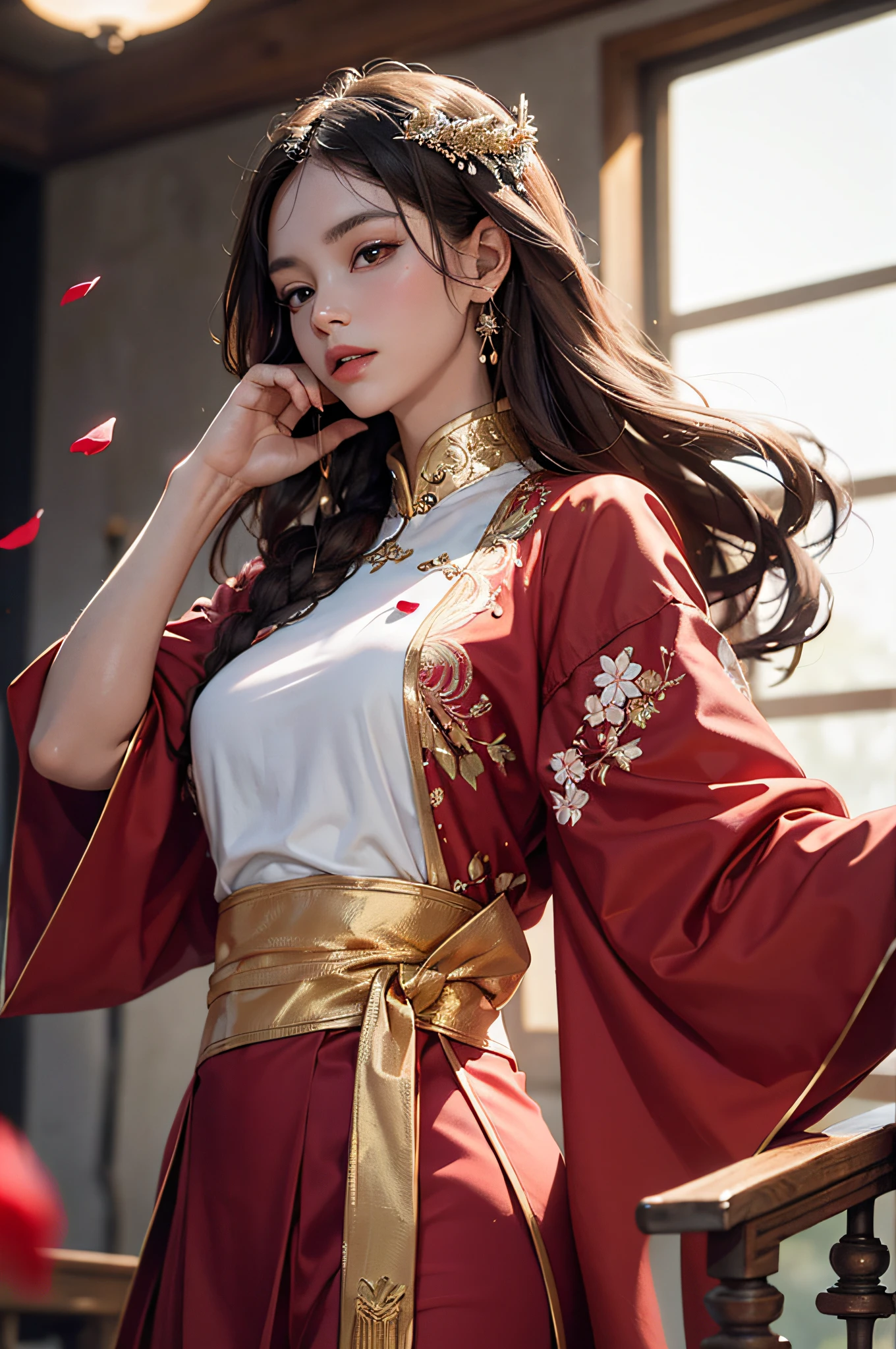 best quality, masterpiece, highres, (exquisite body:1.5),gorgeous face,(milky skin:1.3),intricate details,high resolution,wallpaper,
1girl, solo, dress, hair ornament, (((gold and red dress))), flowers, long hair, brown hair, closed mouth, jewelry, long sleeves, hand up, wide sleeves, big eyes,floating hair, chinese clothes, hanfu, embroidery, long skirt, natural pose, falling petals, indoor,fanning, lantern,
16K,HDR,highres,depth field,(film grain:1.1),boken,golden hour,(lens flare),vignette,rainbowing,(color grading:1.5)