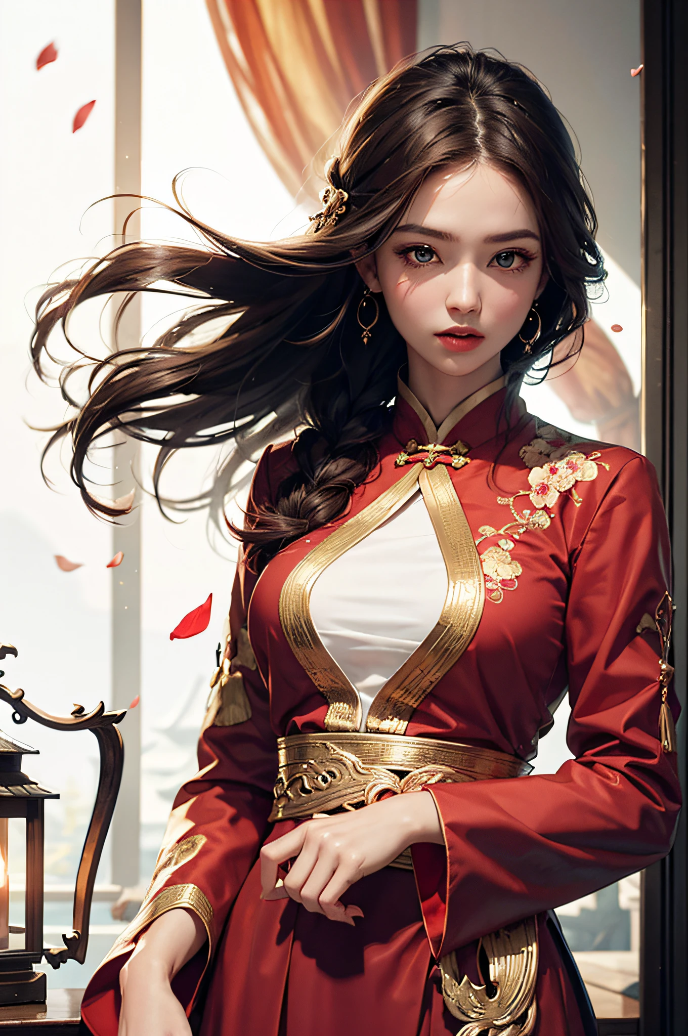 best quality, masterpiece, highres, (exquisite body:1.5),gorgeous face,(milky skin:1.3),intricate details,high resolution,wallpaper,
1girl, solo, dress, hair ornament, (((gold and red dress))), flowers, long hair, brown hair, closed mouth, jewelry, long sleeves, hand up, wide sleeves, big eyes,floating hair, chinese clothes, hanfu, embroidery, long skirt, natural pose, falling petals, indoor,fanning, lantern,
16K,HDR,highres,depth field,(film grain:1.1),boken,golden hour,(lens flare),vignette,rainbowing,(color grading:1.5)