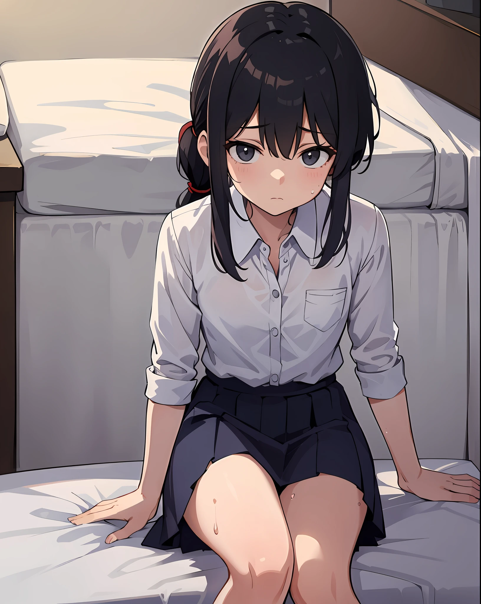 1girl,A young girl sitting on the edge of the bed，petite，Shy，Prim，With soft lines，sweat leggs