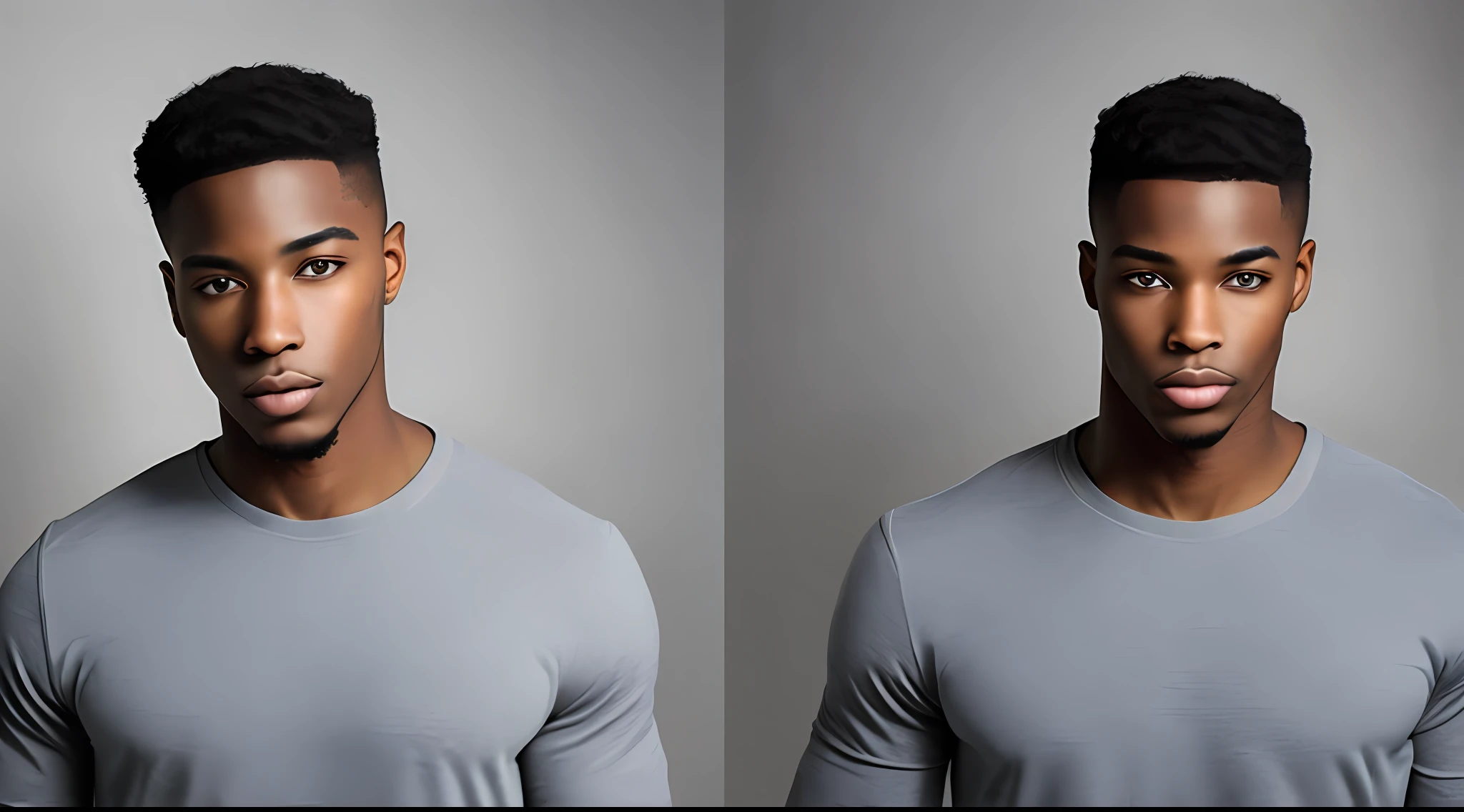 Handsome young black man, face zoom, frontal vision, serious expression, short hair and no beard, casual clothing, fit on page,