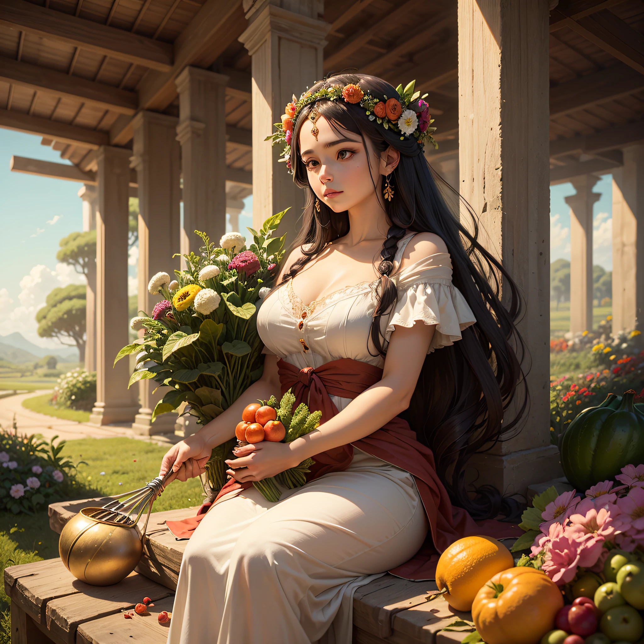 A serene and fertile image of Demeter, a deusa da colheita e da agricultura, em um campo de trigo dourado. She's holding a sickle and a cornucopia overflowing with fruits and vegetables. Flores e borboletas adornam seu cabelo, symbolizing the renewal and fertility of the earth.