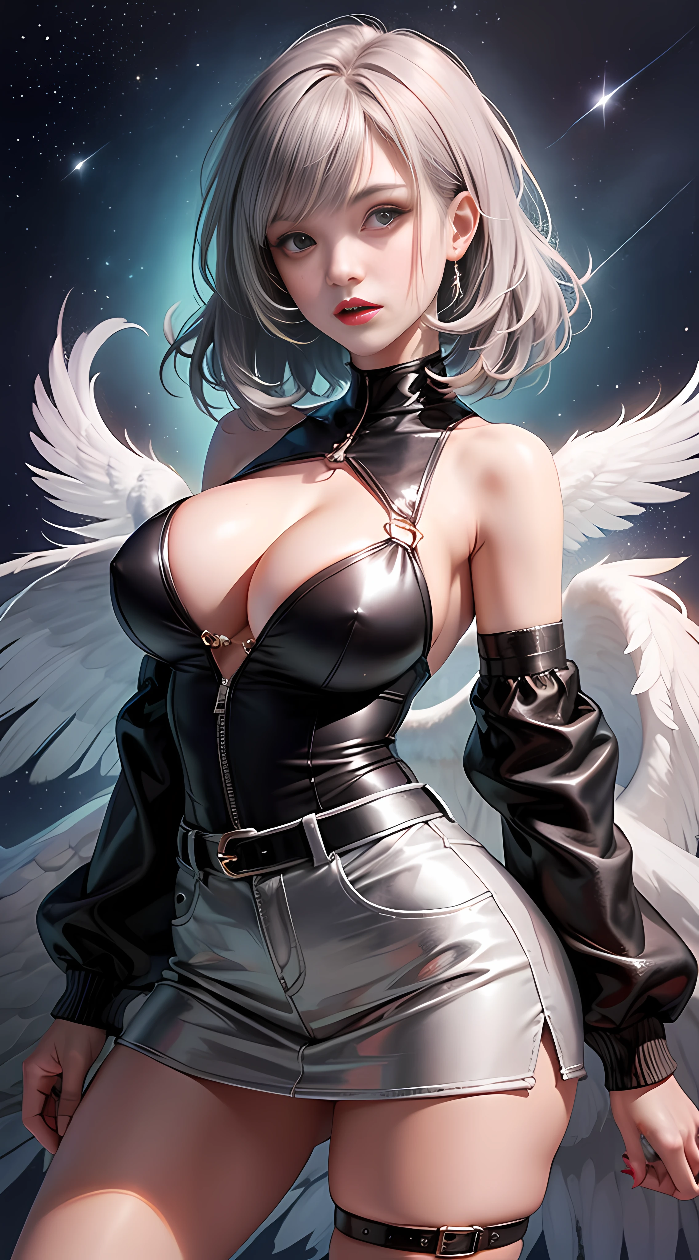 Ultra high quality，8K，Giant ?????? Girl，???? and feminine, high and cold，Dark beauty，Enchanting，The head proportions are perfect，Gray hair，Wear a sweatshirt monogram print, Short red high-waisted skirt，Flaming red lips，Swan neck，chokers，O sol brilha intensamente，Do not show your ?????