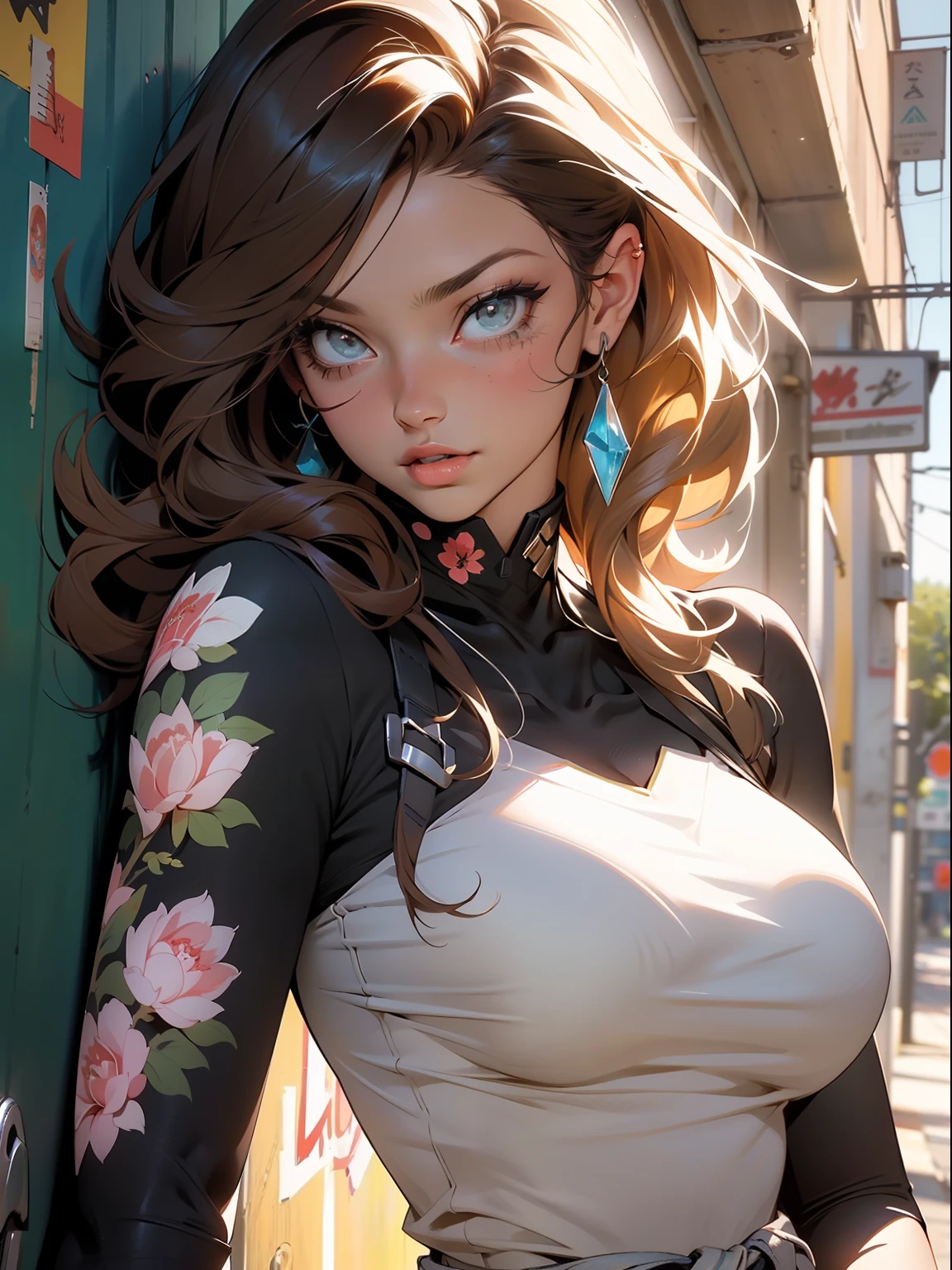 fundo, misto-language_text, letras japonesas em graffit, mulher linda , longos cabelos negros,::((melhor qualidade)), ((obra-prima)), (muito detalhado:1.3)(masterpiece:1.2, melhor qualidade), (finamente detalhados belos olhos: 1.2), (masterpiece:1.2, melhor qualidade), (finely detailed beautiful eyes: 1.2), ::style joe madureira comic stiyle ::2.9 (masterpiece:1.2, best quality), (finely detailed beautiful eyes: 1.2), ((1girl kelly brook very beautiful woman big breast )), ((solo)), (olhos vermelhos:1.4), (olhos finamente detalhados e rosto detalhado:1.3),), (com jeans e uma camiseta ou vestido branco:1.3), (fundo bonito e claro:1.2), (cg extremamente detalhado, ultra-detalhado, melhor sombra:1.1), ((profundidade de campo)), ((aquarela)), seios grandes, ombros nus, flowers and petals, beautiful concept illustration , (fundo branco:0.5), (illustation :1.1), (extremamente fino e belo:1.1), (detalhes perfeitos: 1.1), obra-prima, alta qualidade, highres, aprimoramento de detalhes, 8k