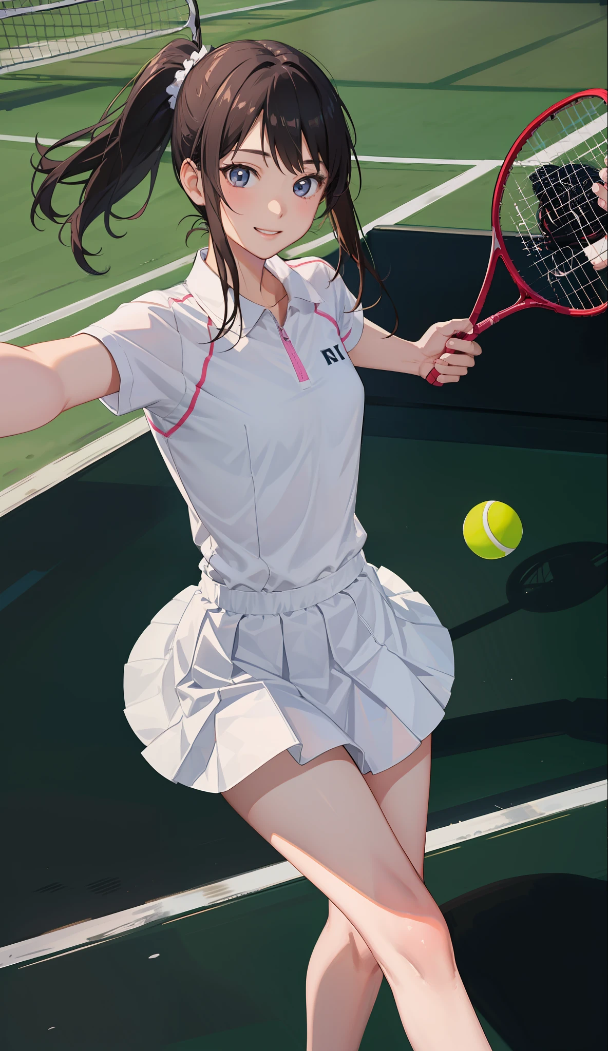 1The girls、shirts、pleats skirt、17 yr old、Bob Hair Style、smile on face、delightful!、japanes、enmaided、Chromo-white skin、Beautiful eyes、(small tits)、Playing tennis、Wimbledon、Wearing white tennis wear、cinematiclight、