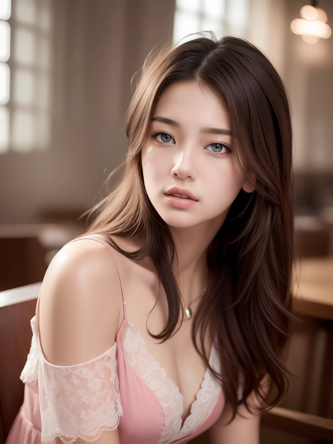 beste Quality, masterpieces, Super High Resolution, (photo realistic:1.5), Raw Image,pink dress ,Korean 1girl, offshoulder, In the dark, deep shadow, Low key, cold light, sexy look, hair long,cafe,warm