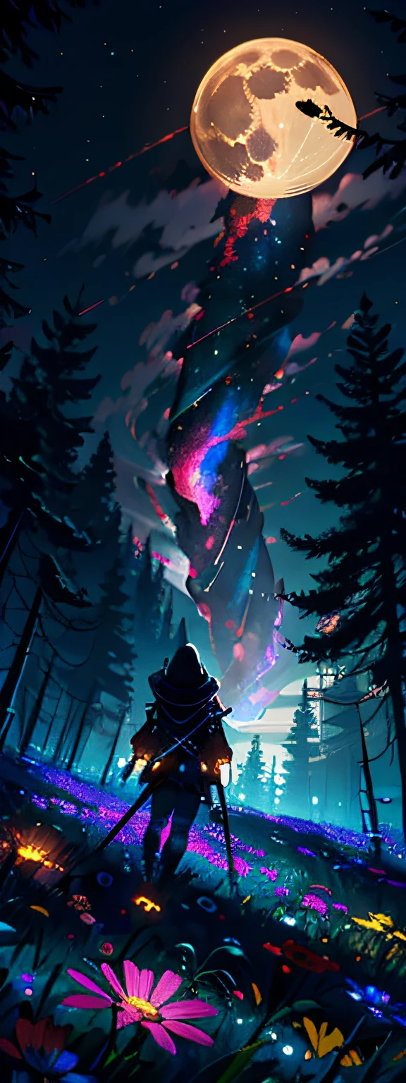 A wide landscape photo, (viewed from below, the sky is above, and the open field is below), a girl standing on a flower field looking up, (full moon: 1.2), (meteor: 0.9), (nebula: 1.3), distant mountains , Trees BREAK Crafting Art, (Warm Light: 1.2), (Firefly: 1.2), Lights, Lots of Purple and Orange, Intricate Details, Volumetric Lighting BREAK (Masterpiece: 1.2), (Best Quality), 4k, Ultra Detailed, (Dynamic Composition: 1.4), Rich in Detail and Color, (Rainbow Color: 1.2), (Glow, Atmospheric Lighting), Dreamy, Magical, (Solo: 1.2)