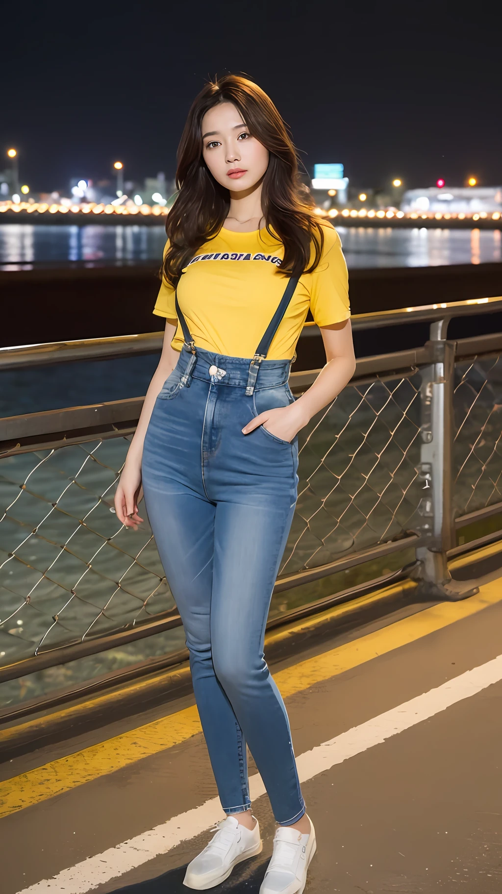 ((midnight, need, 8K, nmasterpiece:1.3)), Whole human body, Long legs, Focalors:1.2, perfect figure beautiful woman:1.4, Slim abs:1.1, ((Dark brown hair, Large :1.2 )), (Yellow skinny T-shirt, Denim suspenders, to stand:1.2), ((city night scene, On the bridge:1.3)), Highly detailed facial and skin texture, detailed eye, 双眼皮（（（Put your hands in your pockets or hold them above your head）））
