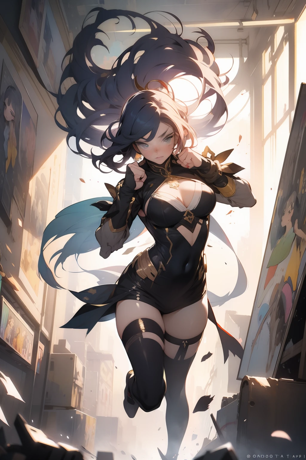 extraordinary lustration, plano de fundo, misturado-Idioma_Texto, letras japonesas em graffit ,::yoji shinkawa style ::2.0 comix illustration style,tatoon style , comic book style ,beautiful woman with long hair rosa degradê ultra detailed, (beautiful and clear background:1.2),, fantastic paintings ,graffit style, flowers, olhos altamente detalhados , a t-shirt or dressed in a white blouse underneath, with both fists in a fighting position, and bracelets, fighting against an enemy, with long hair , stained glass colored, out, vibrant, alphonse mucha style, fantastic paintings by joe madureira ,high quality, art,kelly brook beautiful woman with long rosa degradê hair , freedom, soul, digital illustration, comic style, perfect anatomy, centered, approaching perfection, dynamic, highly detailed, watercolor painting, artstation, concept art, smooth, sharp focus, illustration, art by carne griffiths and wadim kashin,big breast,alone anime girl with a medium lenght pose and cute clothes, short pastel , heterochromia, perfect anatomy, centered, approaching perfection, dynamic, highly detailed, character sheet, artstation, concept art, smooth, sharp focus, illustration, art by kim jung gi,, artgerm, carne griffiths and wadim kashin , sasha yakovleva, loish, jeremy mann, full body shot, character sheet, lightningwave, beautiful anime watercolor painting ,paint dripping by tim okamura, victor nizovtsev, greg rutkowski, noah bradley. trending on artstation, 8k, masterpiece, graffiti paint, fine detail, full of color, intricate detail, golden ratio illustration,monochromatic green background, masterpiece, best quality, high quality, highres, best quality, high resolution fix, bright amazing lighting, detail enhancement, best quality, high quality, highres, detail enhancement