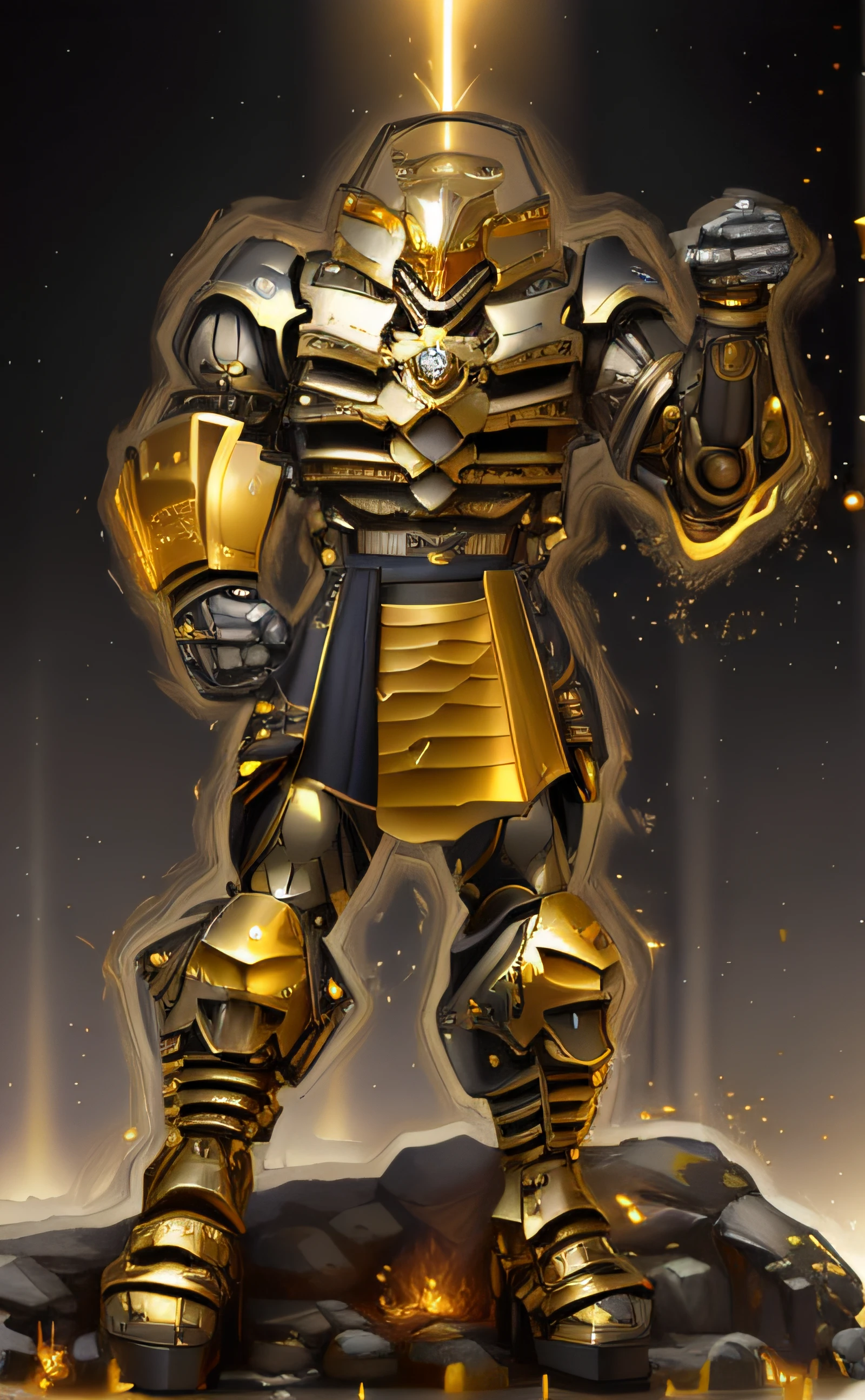 a close up of a robot with a yellow light on his face, Armadura Saiyajin, cybernetic flame armor, cyber fight armor, Armadura refletida da cor do gelo da lasca, Armadura Espacial, Retrato completo de Electromancer, intrincada armadura mecha brilhante, armadura de platina do guerreiro, armadura brilhante oi tech, clothed in ethereal battle armor, cybernetic fire armor