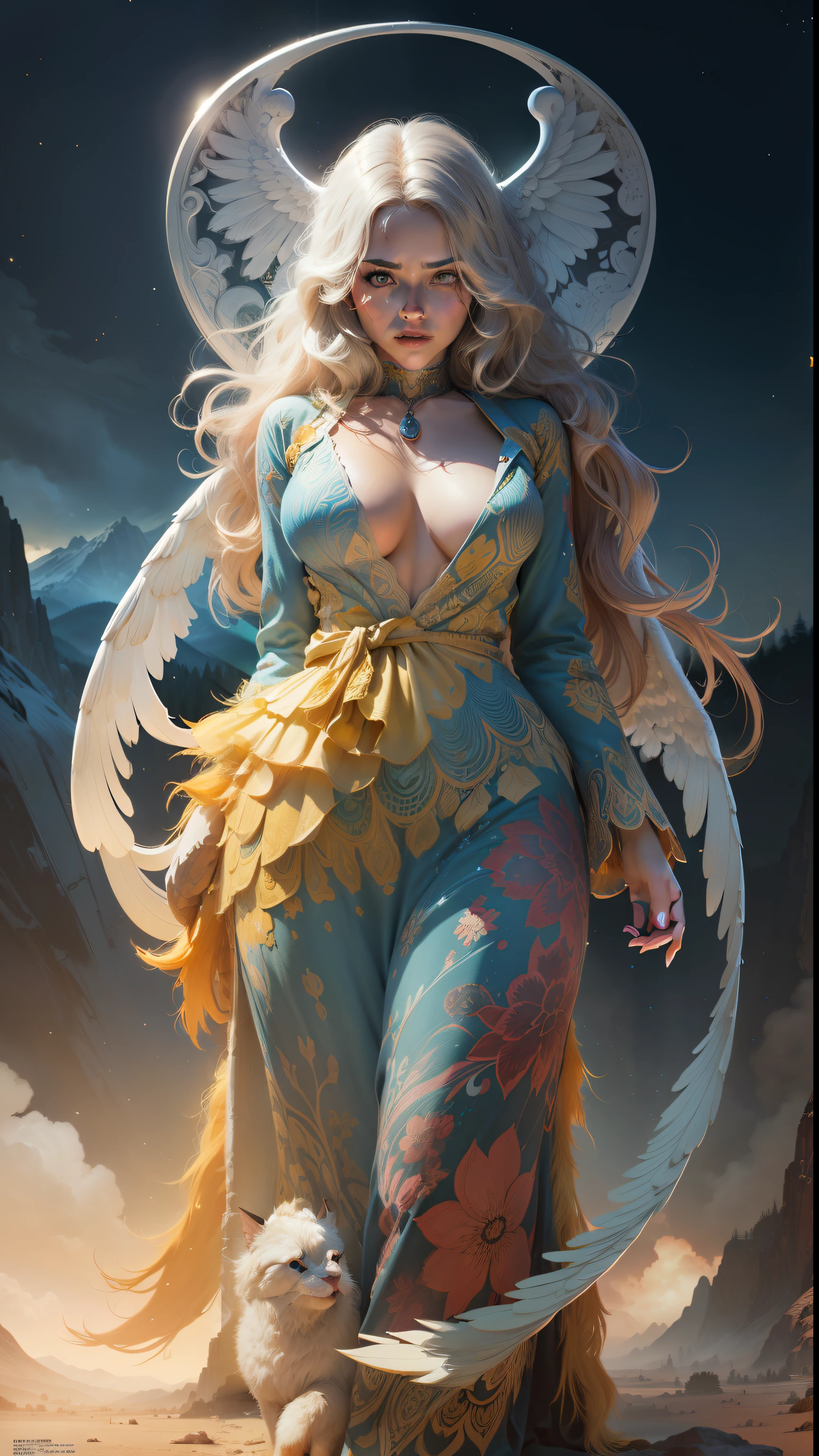Winters, in the style of Ray Bradbury, full body potrait of a photorealistic beautiful woman, ((angelic)), (((((magazine cover)))), Yosemite background, ((Geof Darrow inspired art)), intense coloration fantasy, light hair, a stunning realistic photograph 20 years , random colored hair, random color eyes, full body, cover, hyperdetailed painting, luminism, octane render, Bar lighting, complex, 8k resolution, fractal isometrics details, photorealistic face, hypereallistic cover photo awesome full color. --auto
