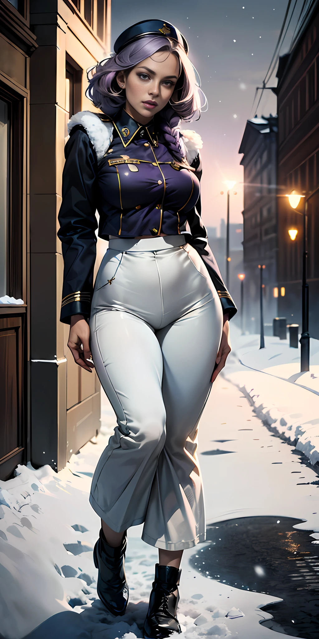 ((Masterpiece best quality high-res cinematic lighting, extremely detailed quality high resolution nonsense, brilho contrapposto brilho como opala animado, Faint lips, UC: realistic cute anime face cinematic angle Girl in front single focus dynamic pose, PS5 cinematic screenshot, Highly detailed cinematic rendering, with cinematic lighting, beams of snow particles, well-lit reflections, Pov, Tiroteio em Cobway:1.55)), 1Menina, 1Apenas, 1foco, (cabelo curto, the Hair color is ultraviolet purple well detailed disproportionate to the size:1.55), (Perfect beautiful face with the well-detailed braids of her expressions, ultra-detalhado), with glasses, de corpo inteiro, standing in, (++Uniforme da URSS e da KGB:1.35), +roupa da URSS_KGB!;, (roupa fechada:1.45), perfect anatomical body, (gordura no corpo:1.35), (seios pequenos:0.1), quadris grandes, (USSR uniform long pants/KGB:1.55), (+Uniforme bem detalhado com sombreamento:1.25), (City of Russia), vazia, neve caindo, (falling snow particles:1.25), bem iluminado, Snow on the ground, (Hora DIA), in the morning.