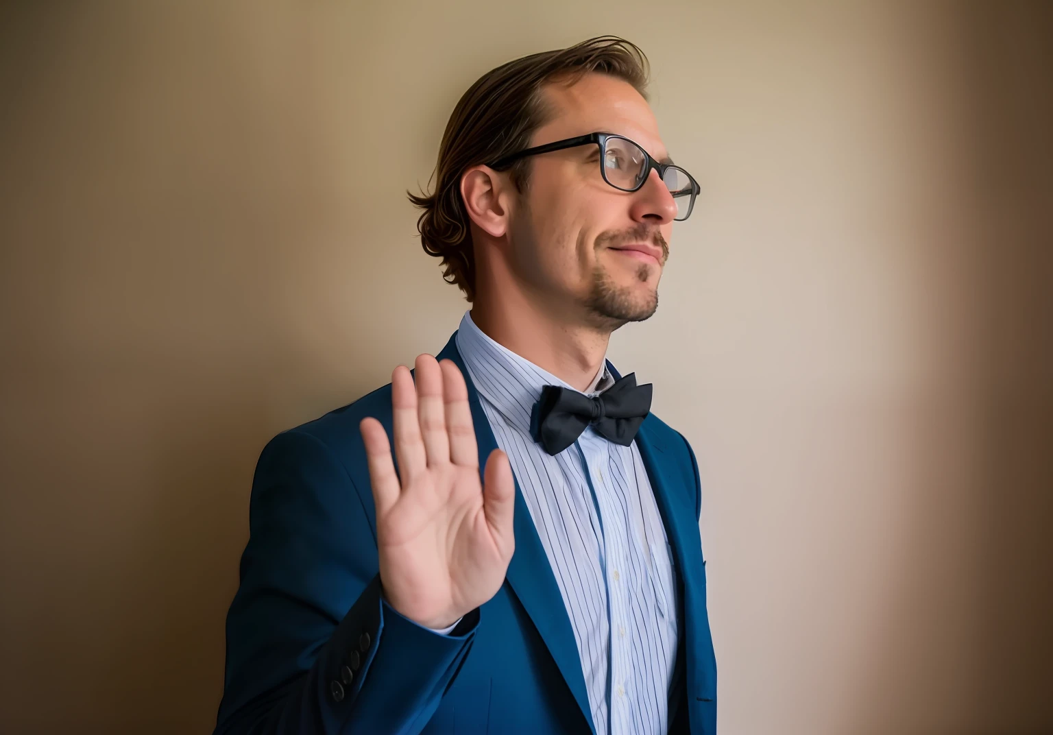 Homem de terno e gravata fazendo sinal de parada, indistinct man with his hand up, Homem na casa dos 30 anos, homem bonito, arrogante, metido, in an office environment, disdainful of someone