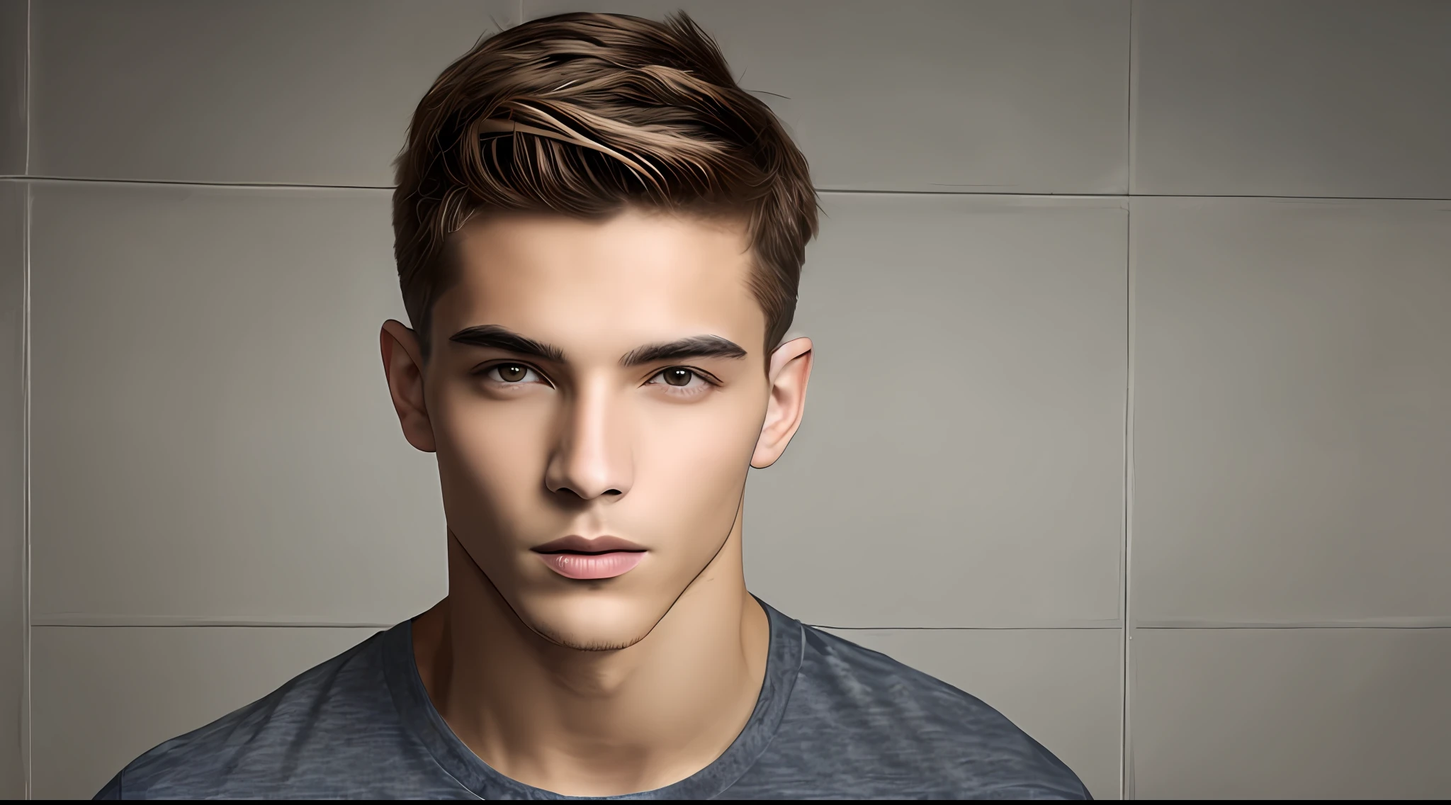 Handsome young man, cool, face zoom, frontal vision, serious expression, short hair and no beard, casual clothing, fit on page