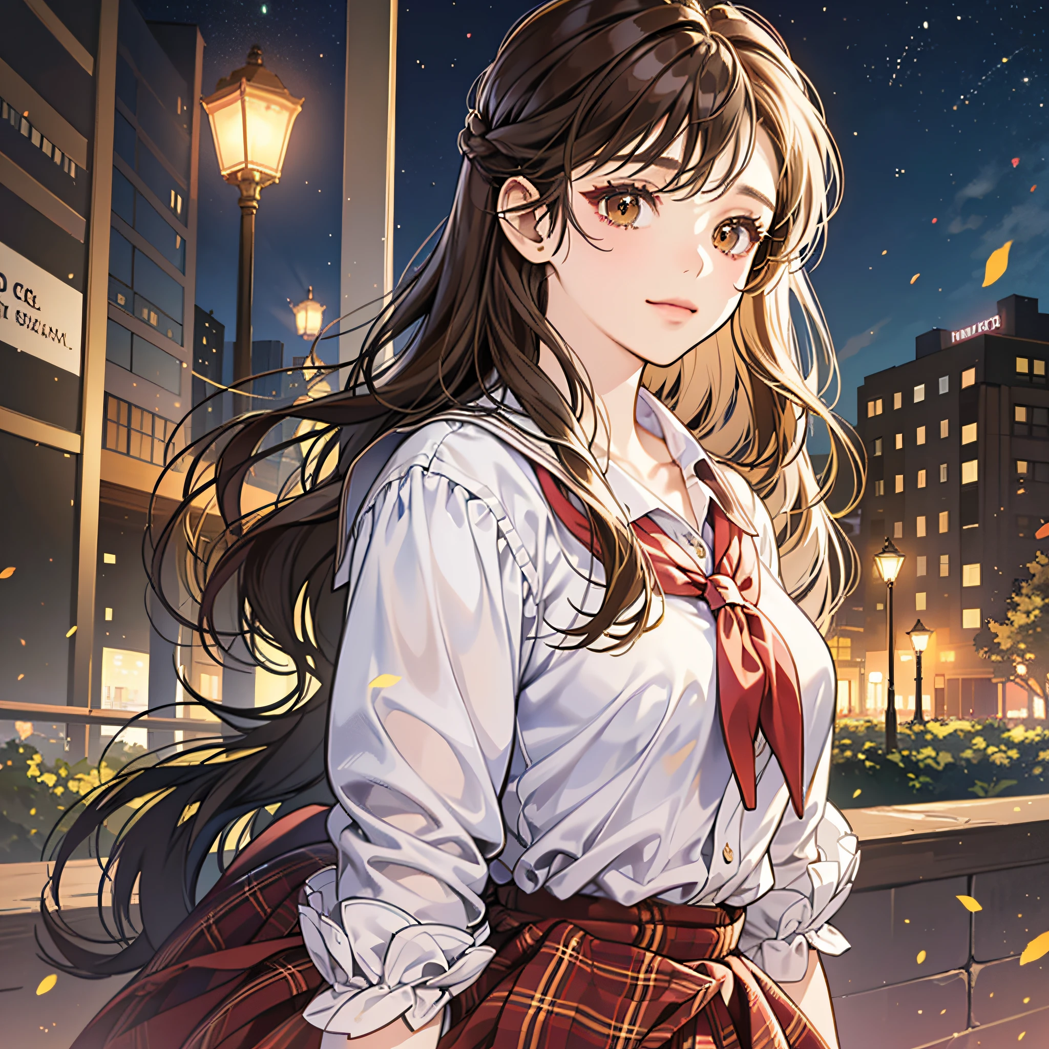 best quality, (masterpiece: 1.2), highly detailed, outdoor, park, city, night,
1girl, solo, ogiwara sayu,
looking at the viewer, medium breasts, slight smile, closed mouth, (standing:1.2),
brown eyes, brown hair, long hair, school clothes --auto --s2