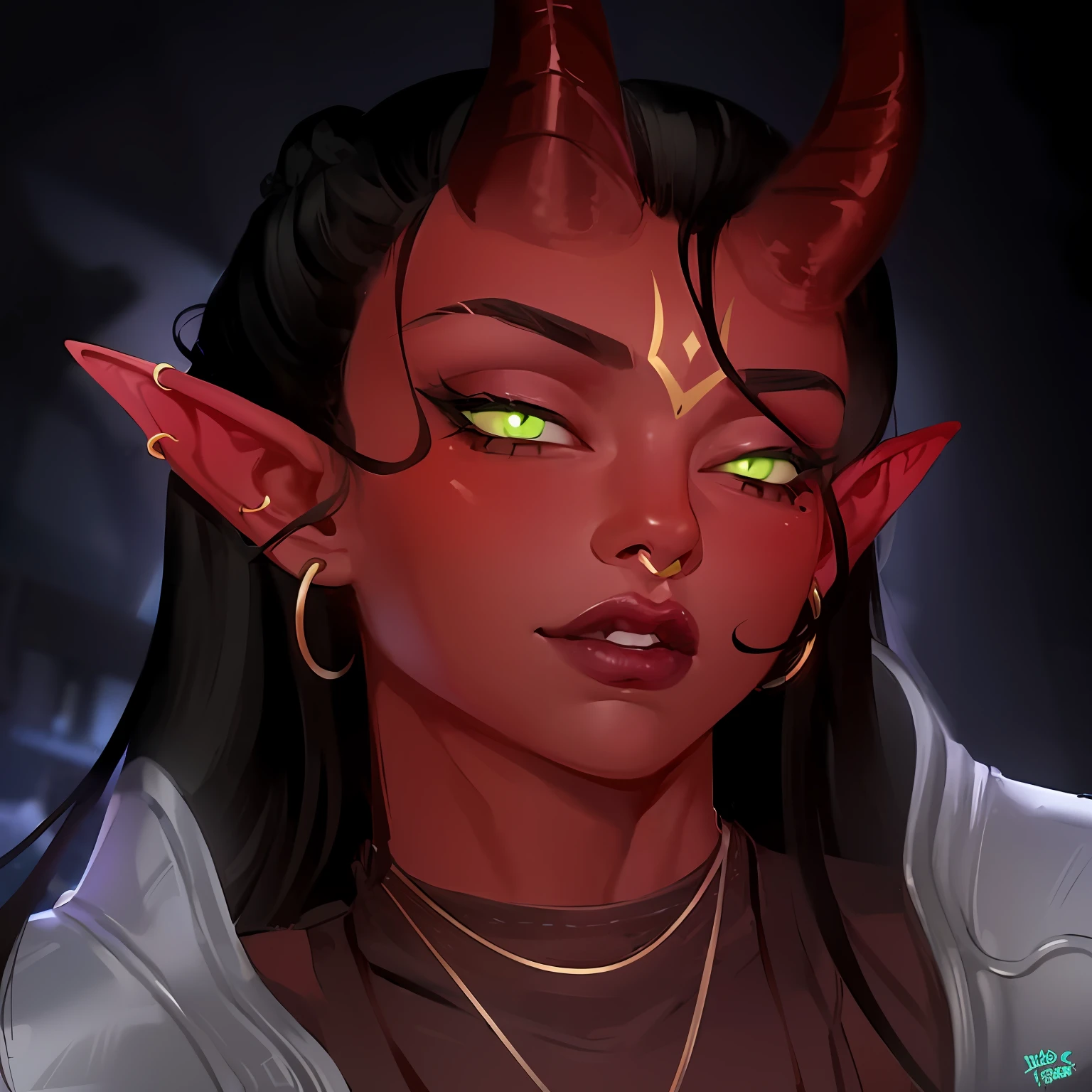 um close up de uma mulher com chifres e um colar, Tiefling, dnd retrato de um Tiefling, Tiefling de D & d, tiefling female warlock, sedutor druida Tiefling, druida Tiefling atraente, cosmic tiefling d&d, Tiefling desonestos, portrait of a female demon, portrait of demon girl, Tiefling azul, Succubus bonito